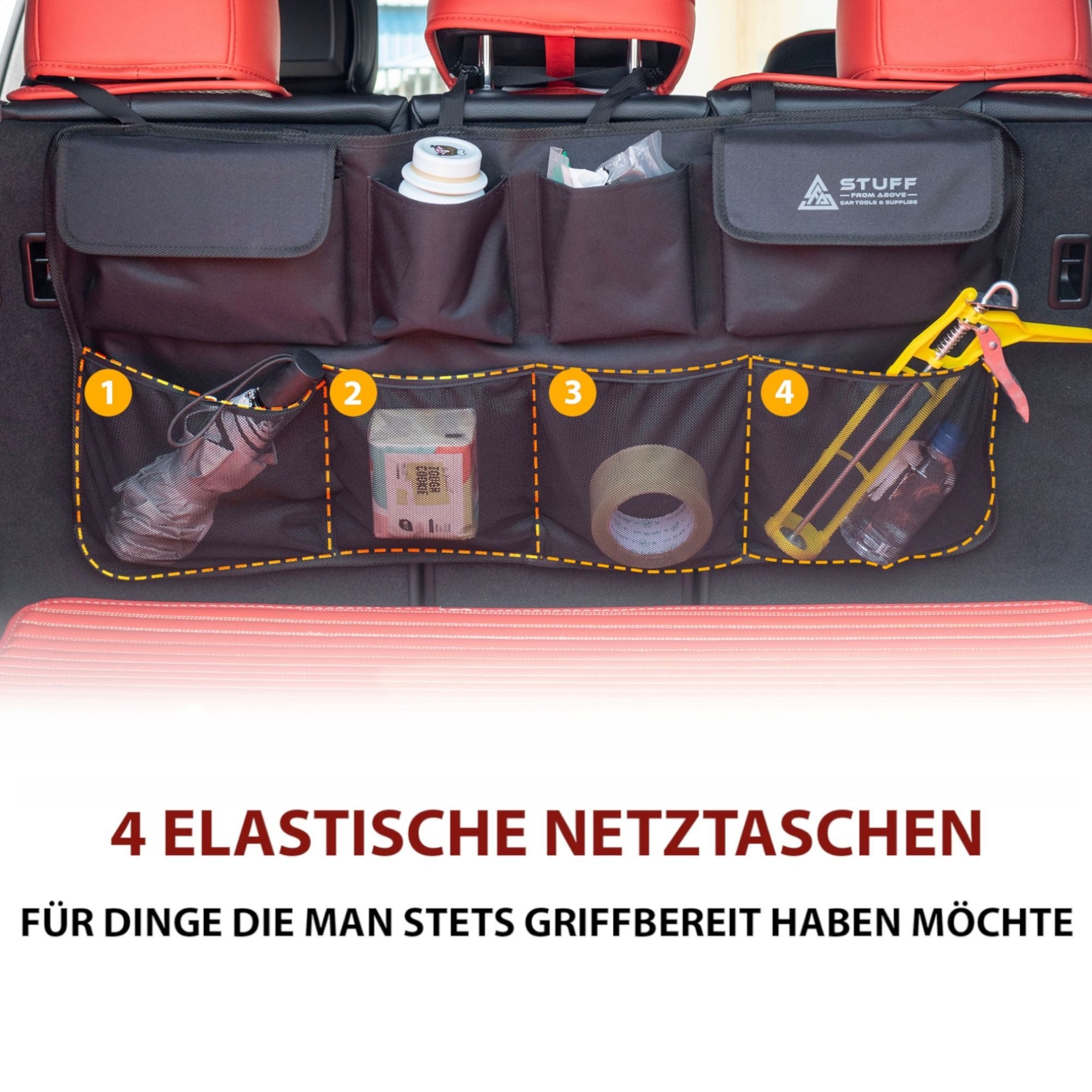 stuff from above Rücksitzorganizer für die Auto-Kofferraum-Rücksitzbank (84x46cm) - Extra starker Klett (Kofferraumorganizer mit 8 Fächern und faltbar, Aufbewah – Bild 2 von 5