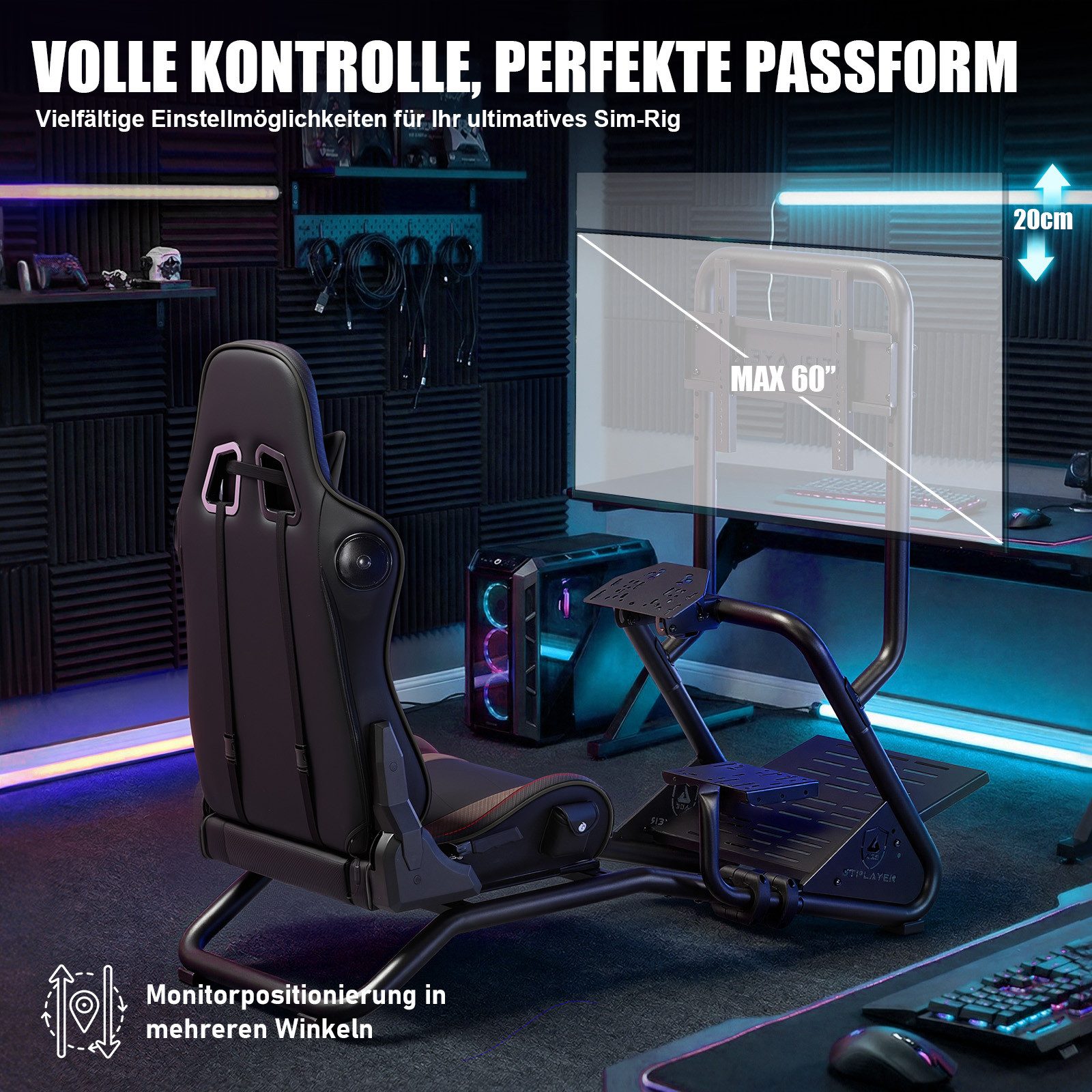 GTPLAYER Simulator Cockpit Rennsimulator lenkradständer mit 3D Lautsprechern Controller (Monitorhalterung Lenkradhalterung Schalthebelhalterung und Fußpedalen)