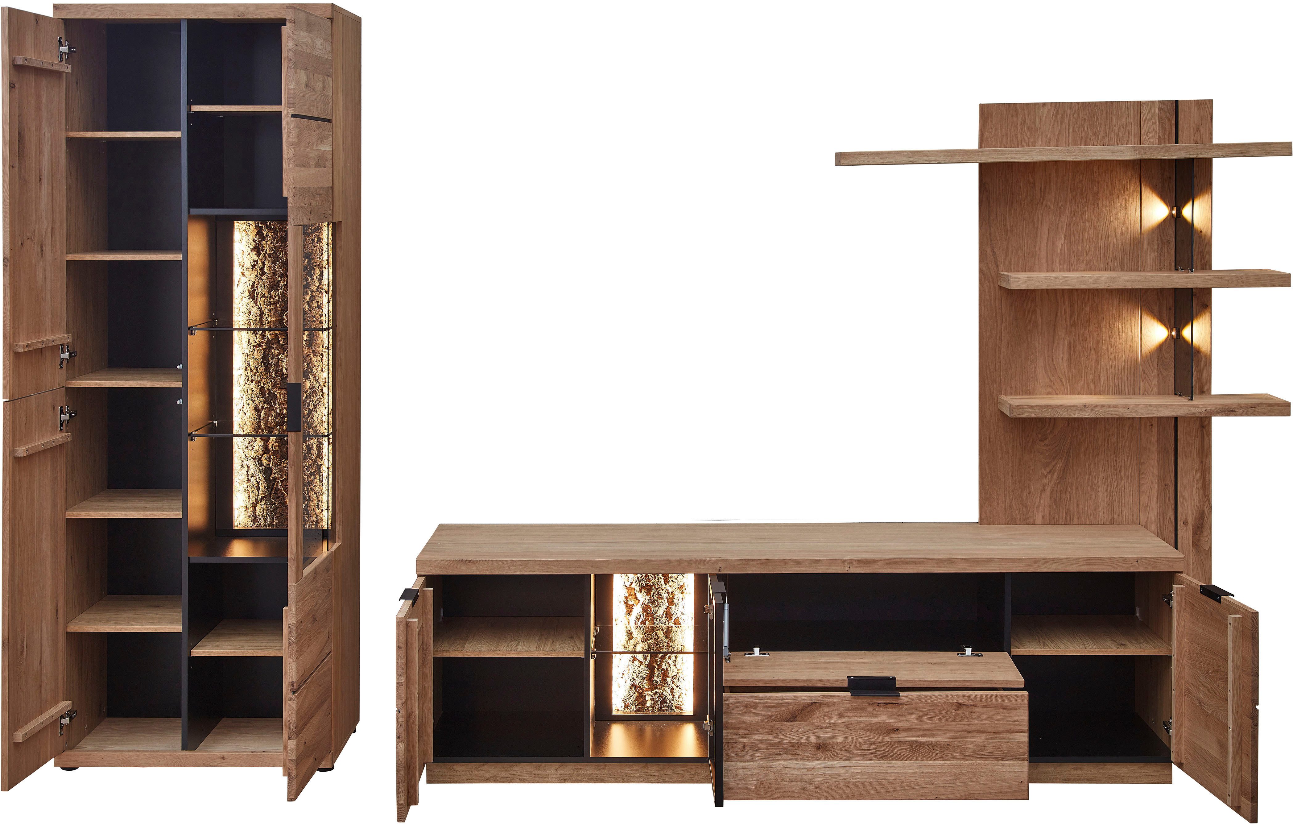 Innostyle Wohnwand Donna Wohnwand, 310x207x50 (BxHxT) Echtkork Absetzung, (3-St), Beleuchtung optional, Softclose, Vitrine L/R verwendbar