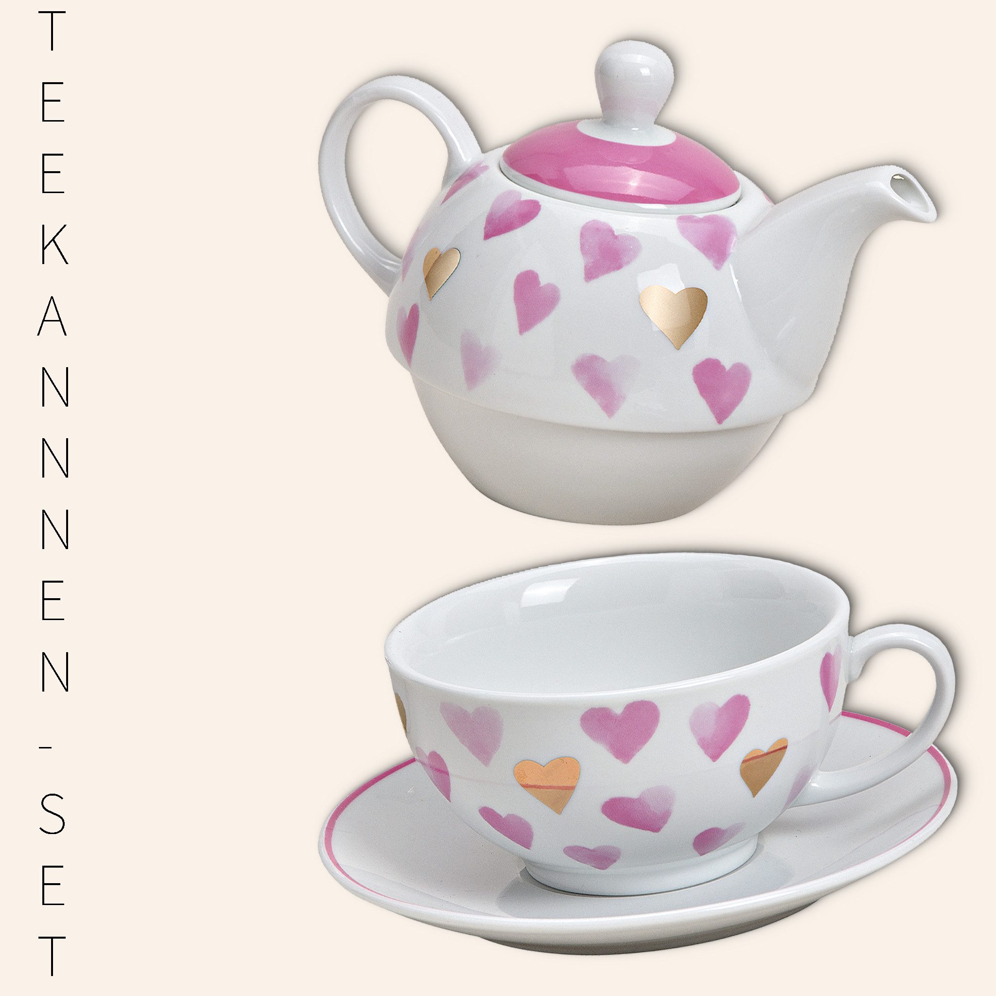 matches21 HOME & HOBBY Teekanne Tea for One Tee Set Herzen rosa gold, 0.6 l, (1-St) – Bild 4 von 5