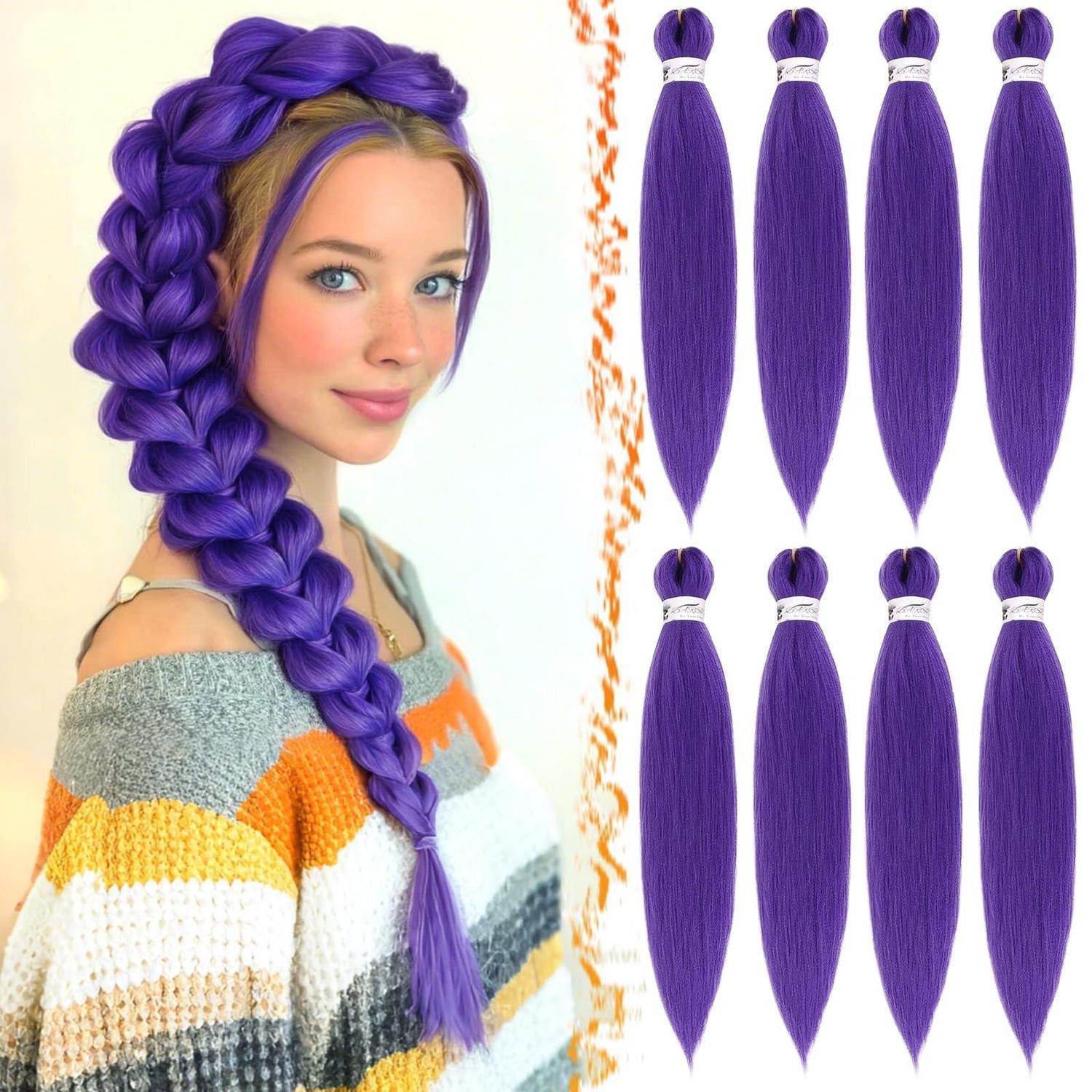 LuxusKollektion Kunsthaar-Extension Haarverlängerung PreStretched Crochet Zöpfe 8er Pack Lila 66cm