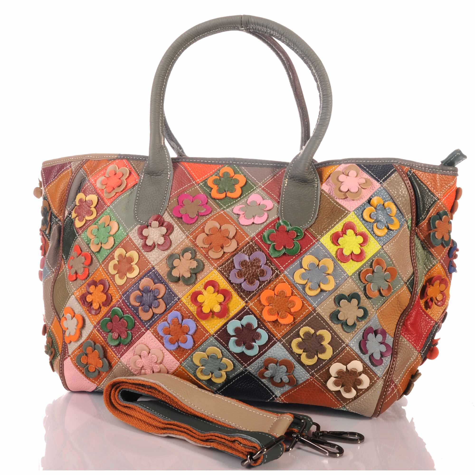 Henkeltasche Damen Tasche aus Echtleder mit Patchwork Design und Blumen-Applikation