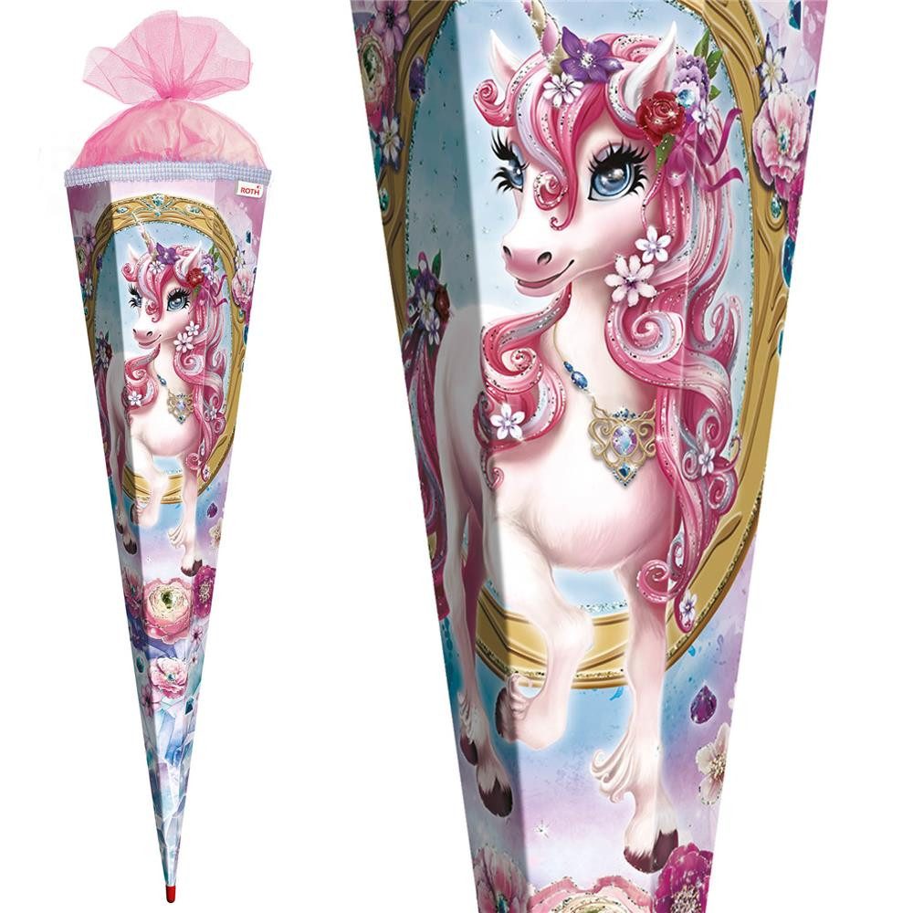 Roth Schultüte Einhorn Beauty mit Glittereffekt, 85cm, eckig, mit Spitze, Tüll und Glitzerborte