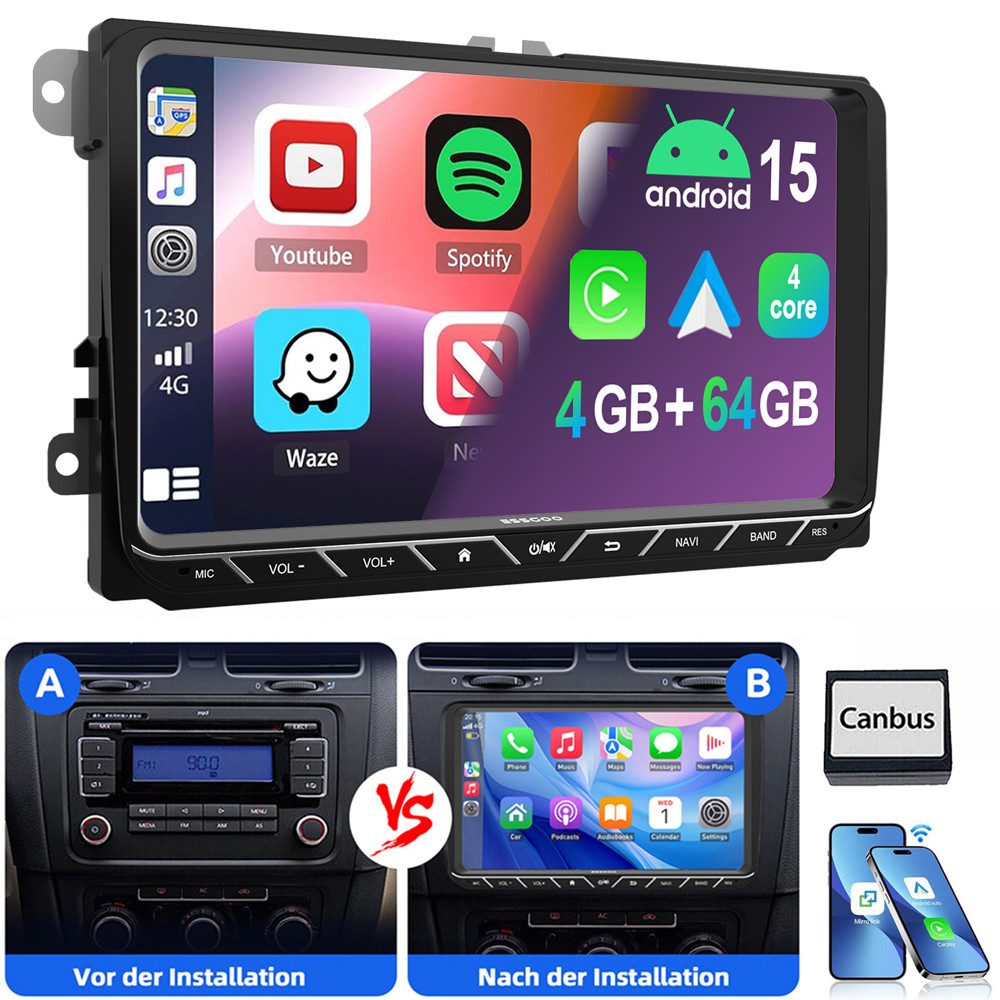 ESSGOO 9" Android 15 Für VW Golf 5 6 Polo Passat Touran Sharan EOS Tiguan Autoradio (RDS, Digitalradio (DAB), FM, AM, Carplay Android Auto Navi WIFI BT EQ)