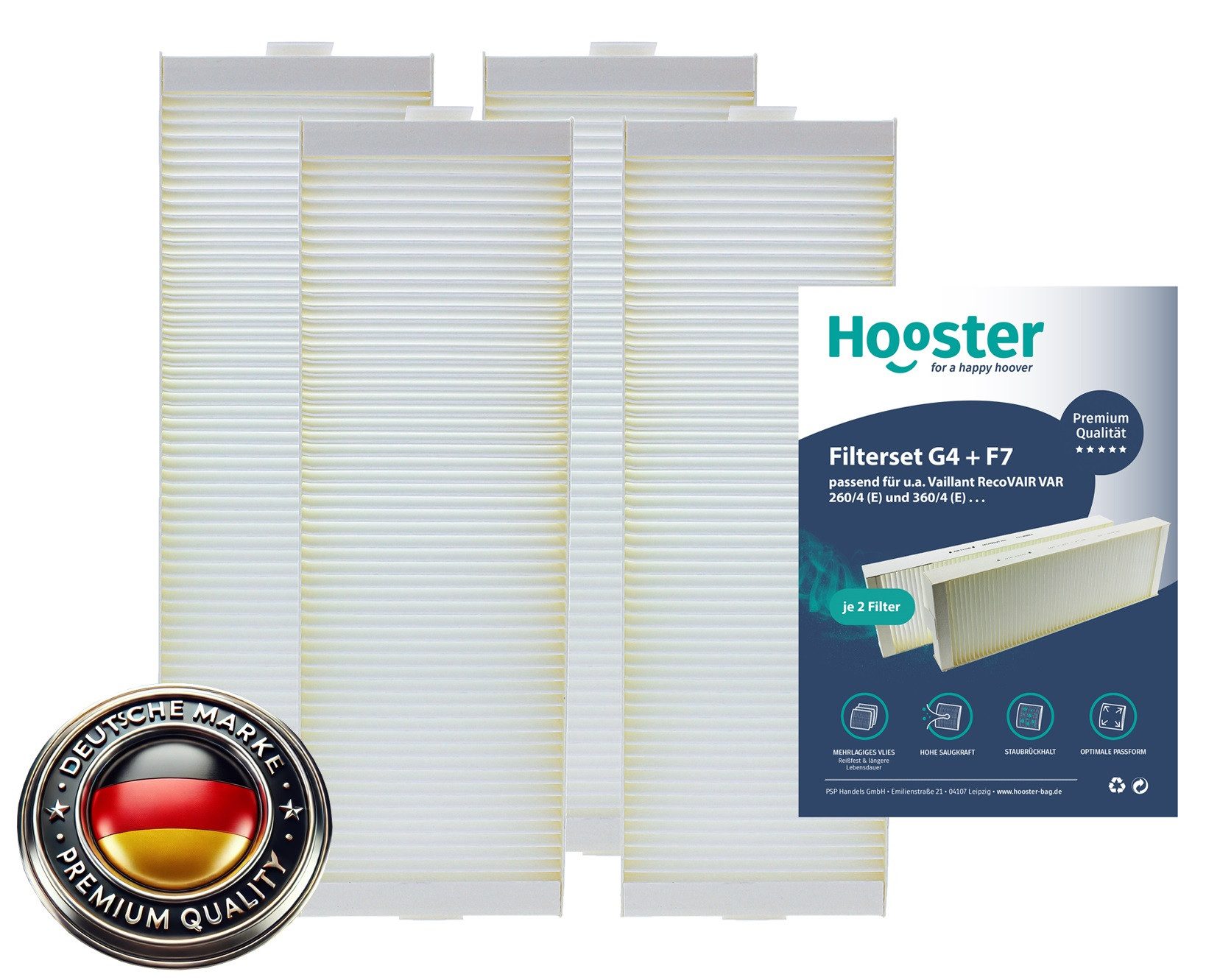 Hooster Luftfilter für Vaillant RecoVAIR VAR 260/4 (E) und 360/4 (E), 2 Filtersets = G4 (2 Stück) + F7 (2 Stück)