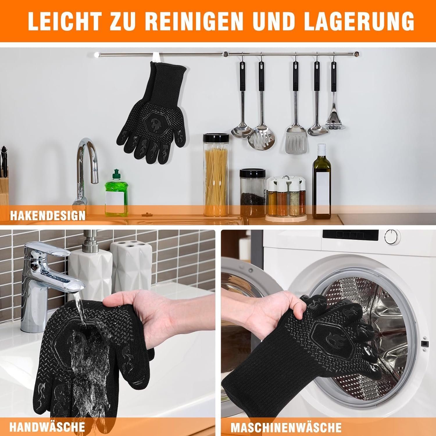 BBQ rutschfeste Grillhandschuhe 1 Backhandschuhe autolock Schwarz - Paar Gloves Ofenhandschuhe