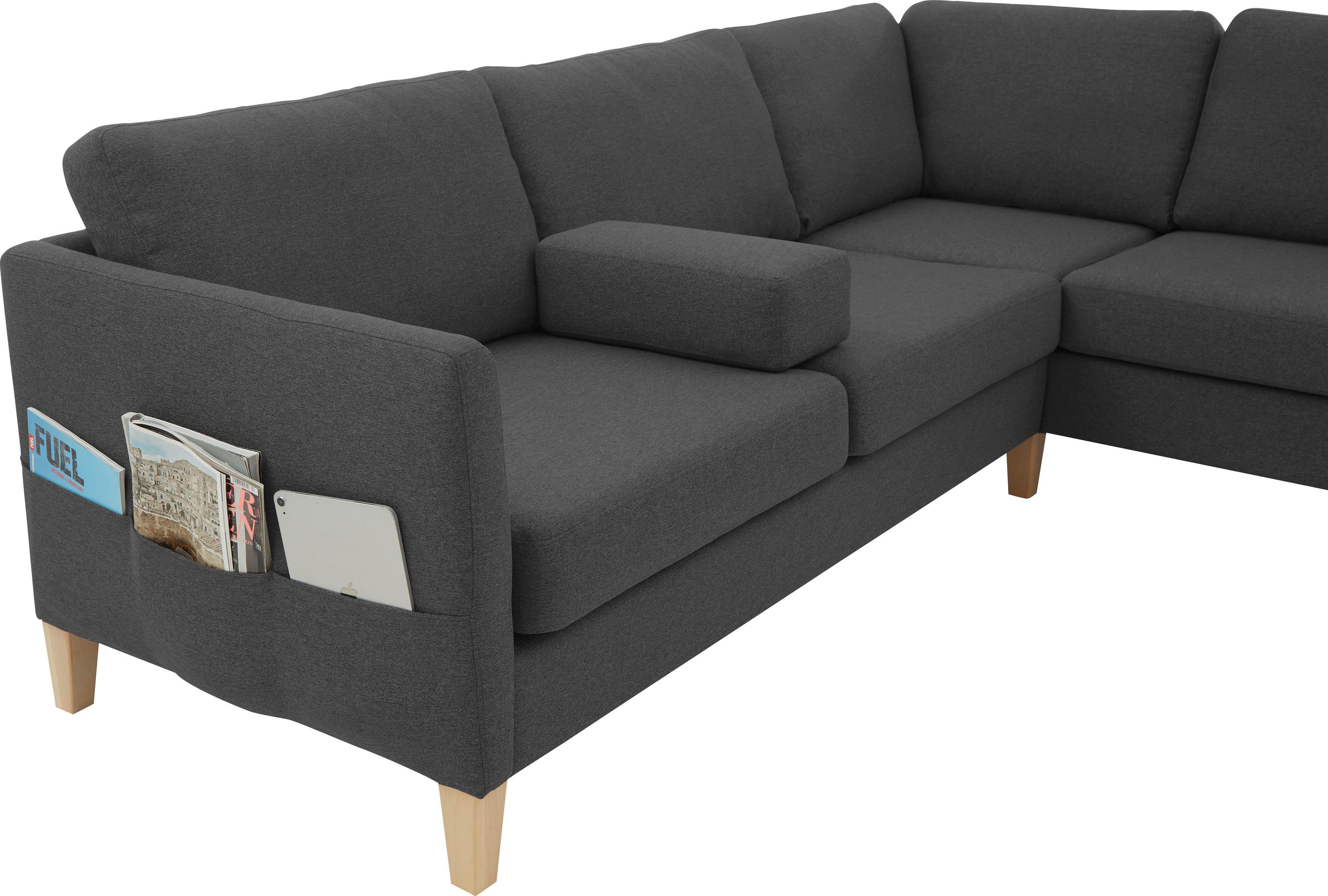 ATLANTIC home collection Ecksofa Seitentaschen Massivholzfüßen mane, Mailo, anthrazit mit mit und