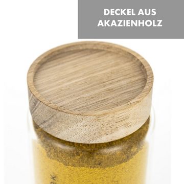 Klarstein Frischhaltedose Glaswerk Cassia Gewürzgläser 6 St. 130 ml, Borosilikatglas,Akazienholz