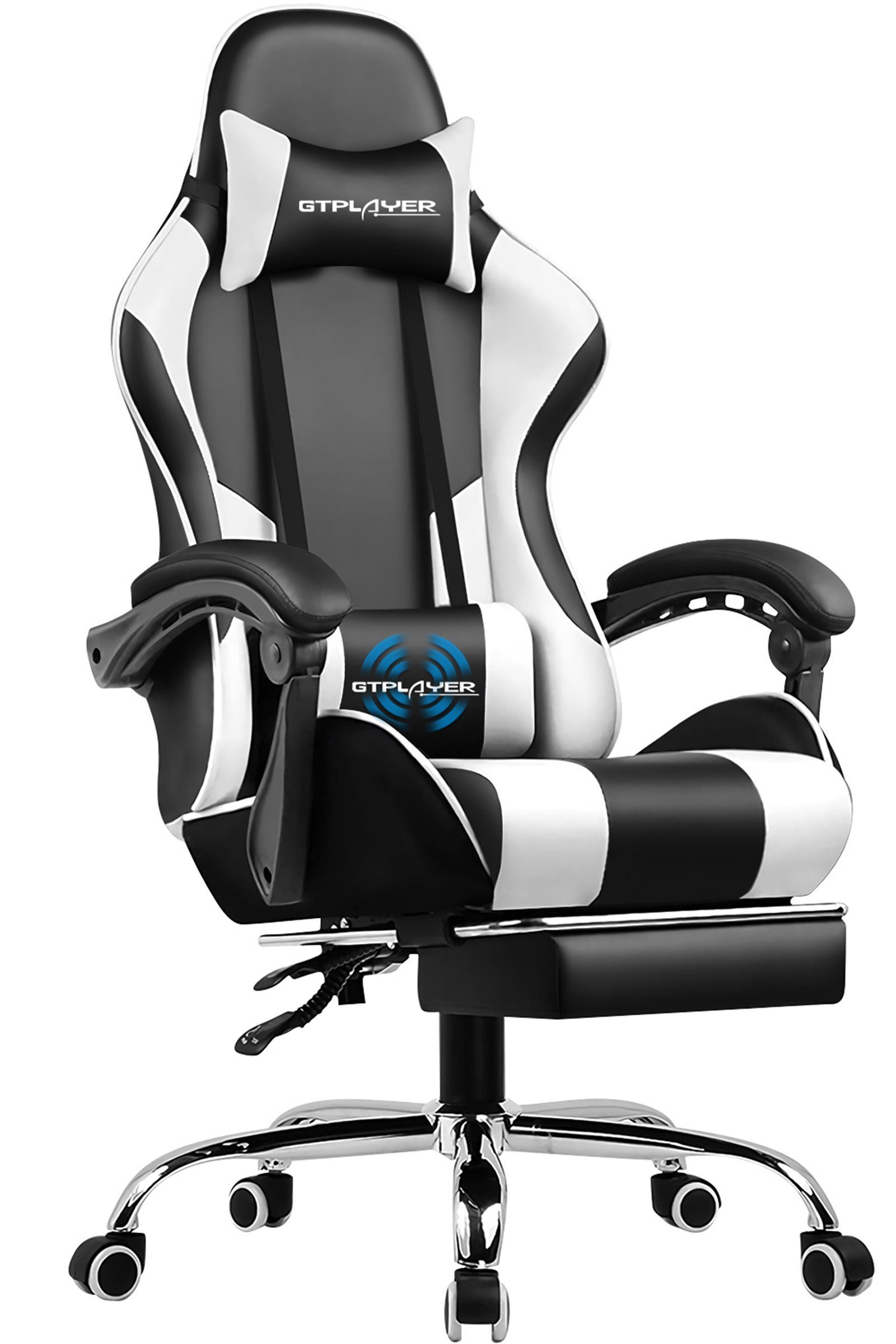 GTPLAYER Gaming-Stuhl mit Fußstütze und Massage-Lendenkissen Bürostuhl Zocker Stuhl, mit Verbindungsarmlehnen bis 120kg belastbar, Hohe Rückenlehne WHITE