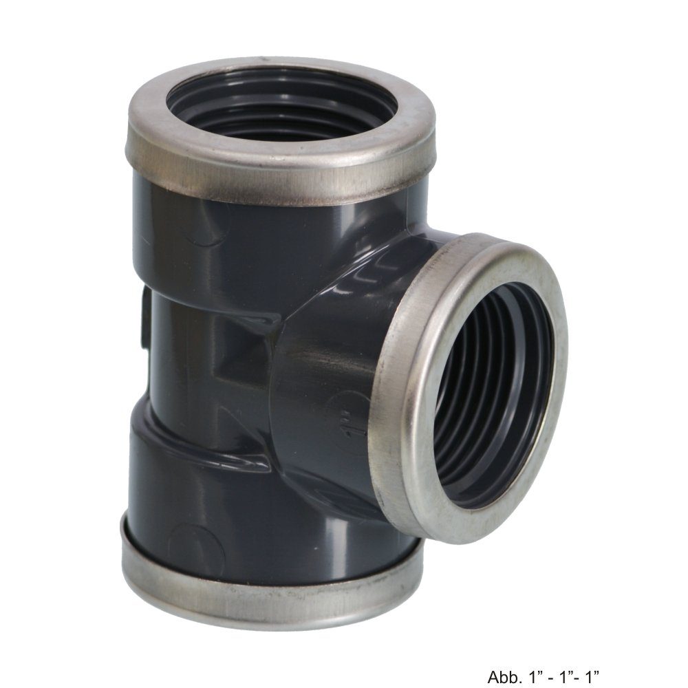 bevo Wasserrohr PVC-U T-Stück 90° mit Edelstahl Verstärkungsring, Innengewinde, 16 bar