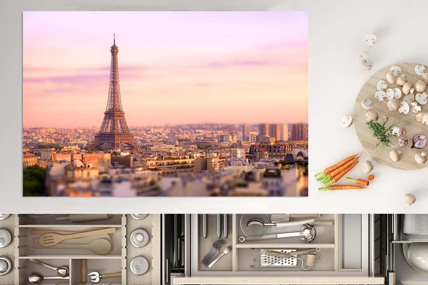 Ceranfeldabdeckung tlg), Paris Blick 81x52 aufragenden mit die Schutz dem Induktionskochfeld Eiffelturm, (1 Vinyl, über cm, für MuchoWow küche, Herdblende-/Abdeckplatte darüber