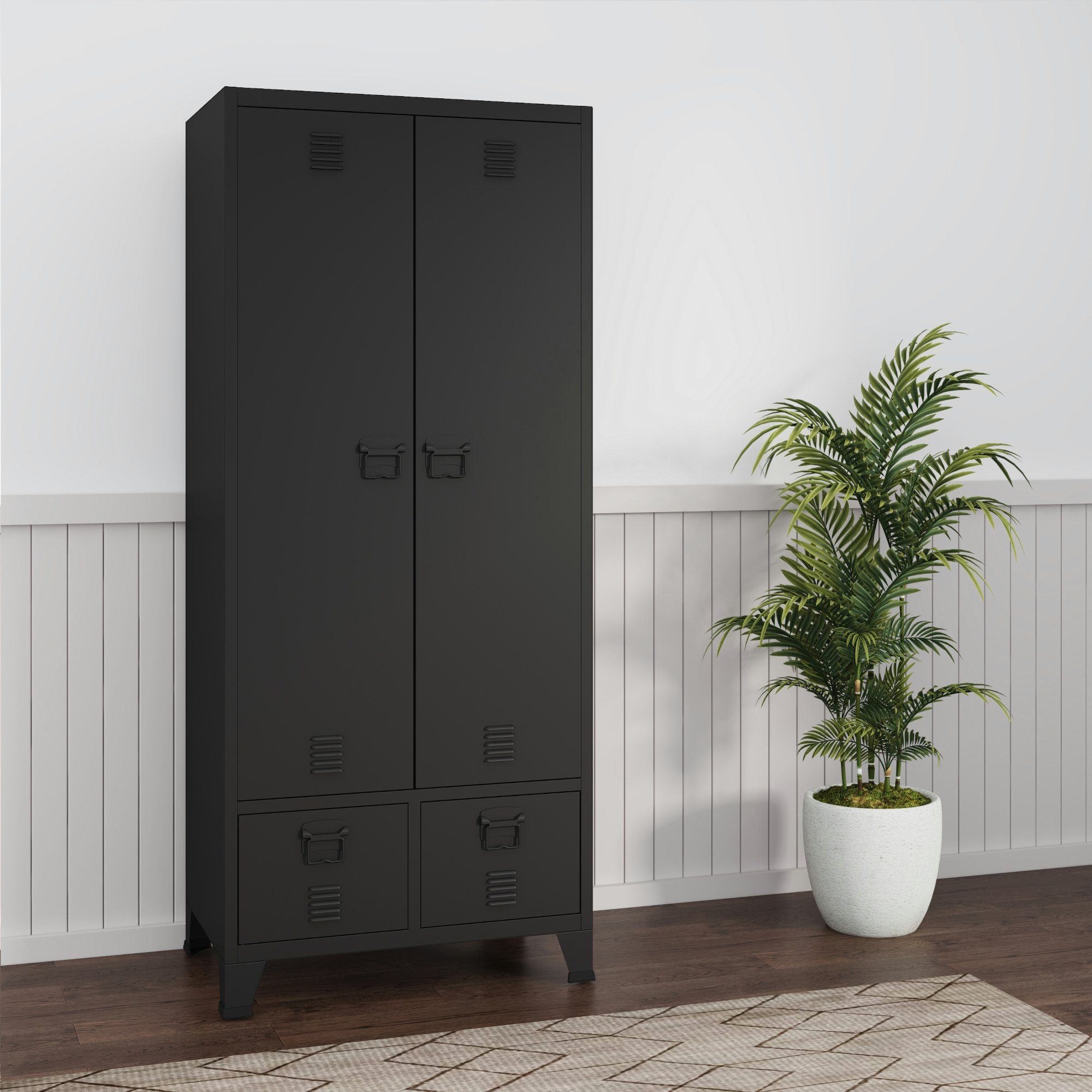 en.casa Kleiderschrank »Hankasalmi« mit 2 Schubladen Stahl 180x90x40 cm Schwarz