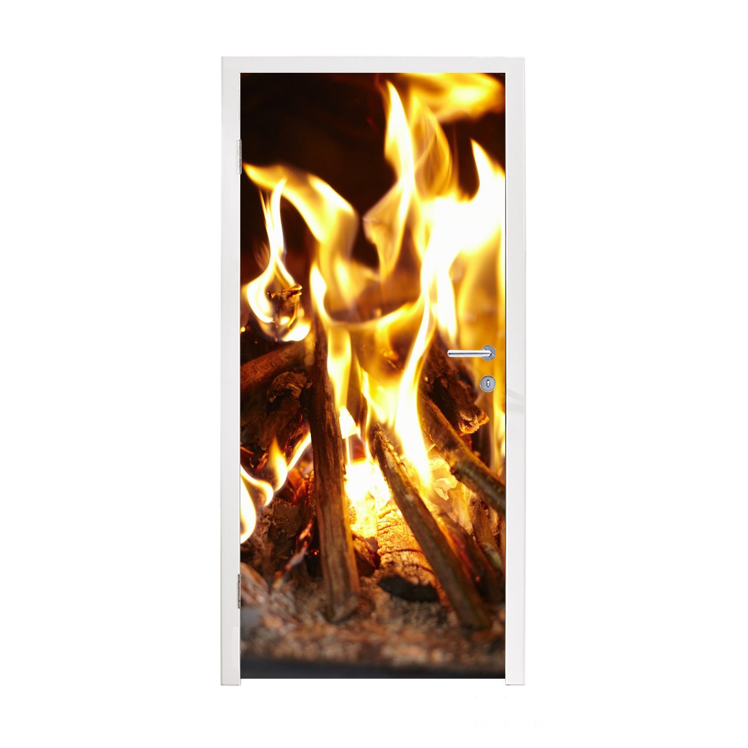 MuchoWow Türtapete Ein Kamin mit Feuer, Matt, bedruckt, (1 St), Fototapete für Tür, Türaufkleber, 75x205 cm