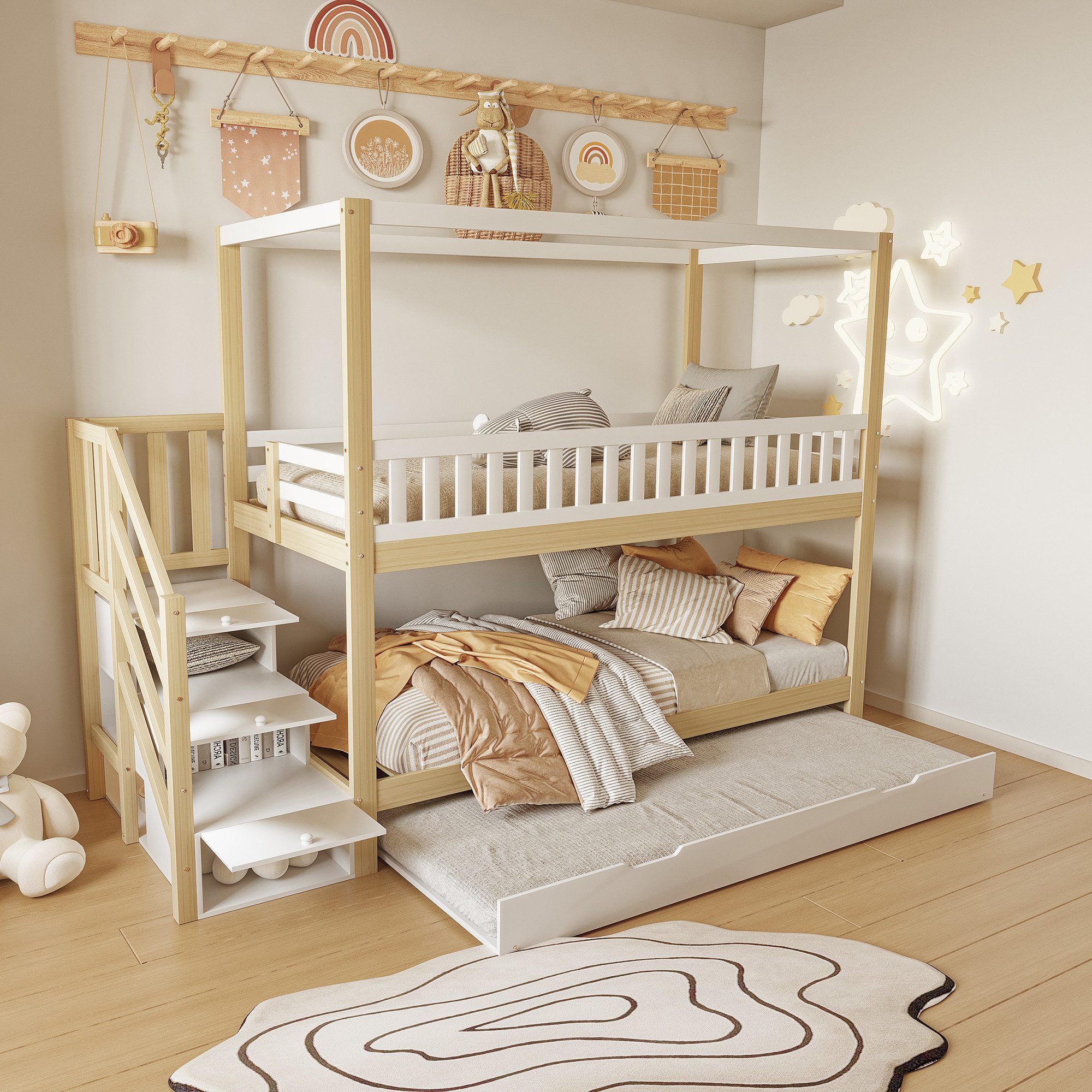 Flieks Etagenbett, Massivholz Kinderbett 90x200cm mit Ausziehbett 90x190cm günstig online kaufen