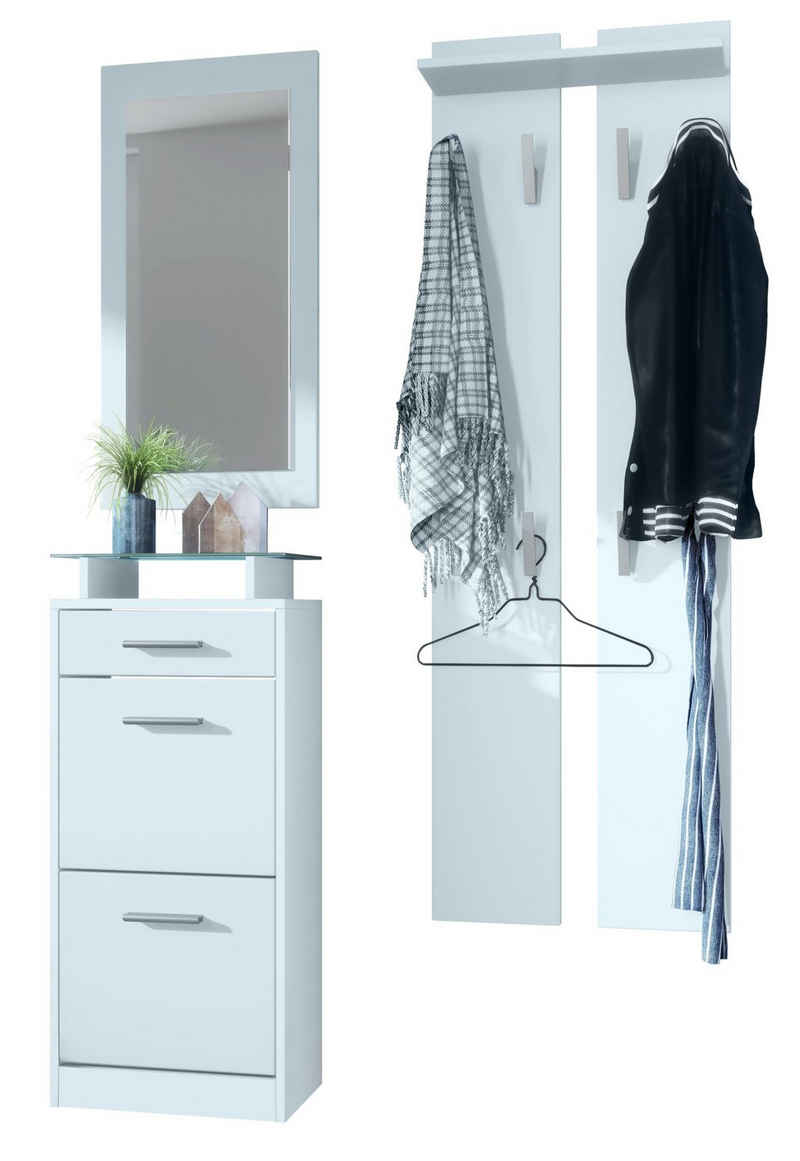 Vladon Garderoben-Set Loret, (Garderobe Set bestehend aus 1 Schuhschrank, 3-St., 1 Wandspiegel, 2 Garderobenpaneele), Weiß matt (140 x 23 x 200 cm)