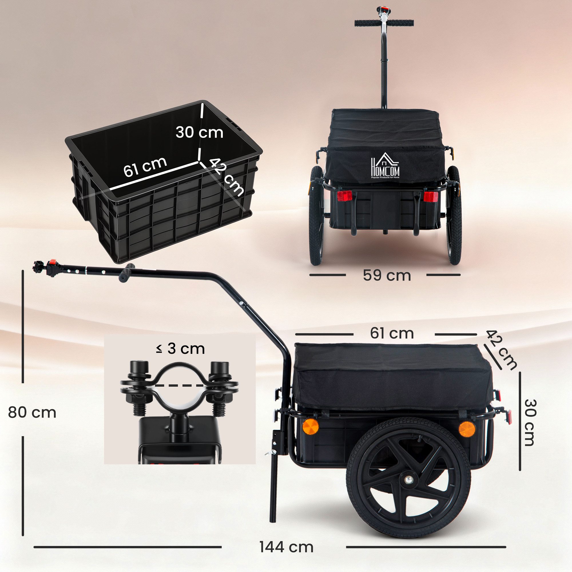 HOMCOM Fahrradlastenanhänger Belastbarkeit Transportanhänger Handwagen, Schwarz 144 x 59 x 80 cm