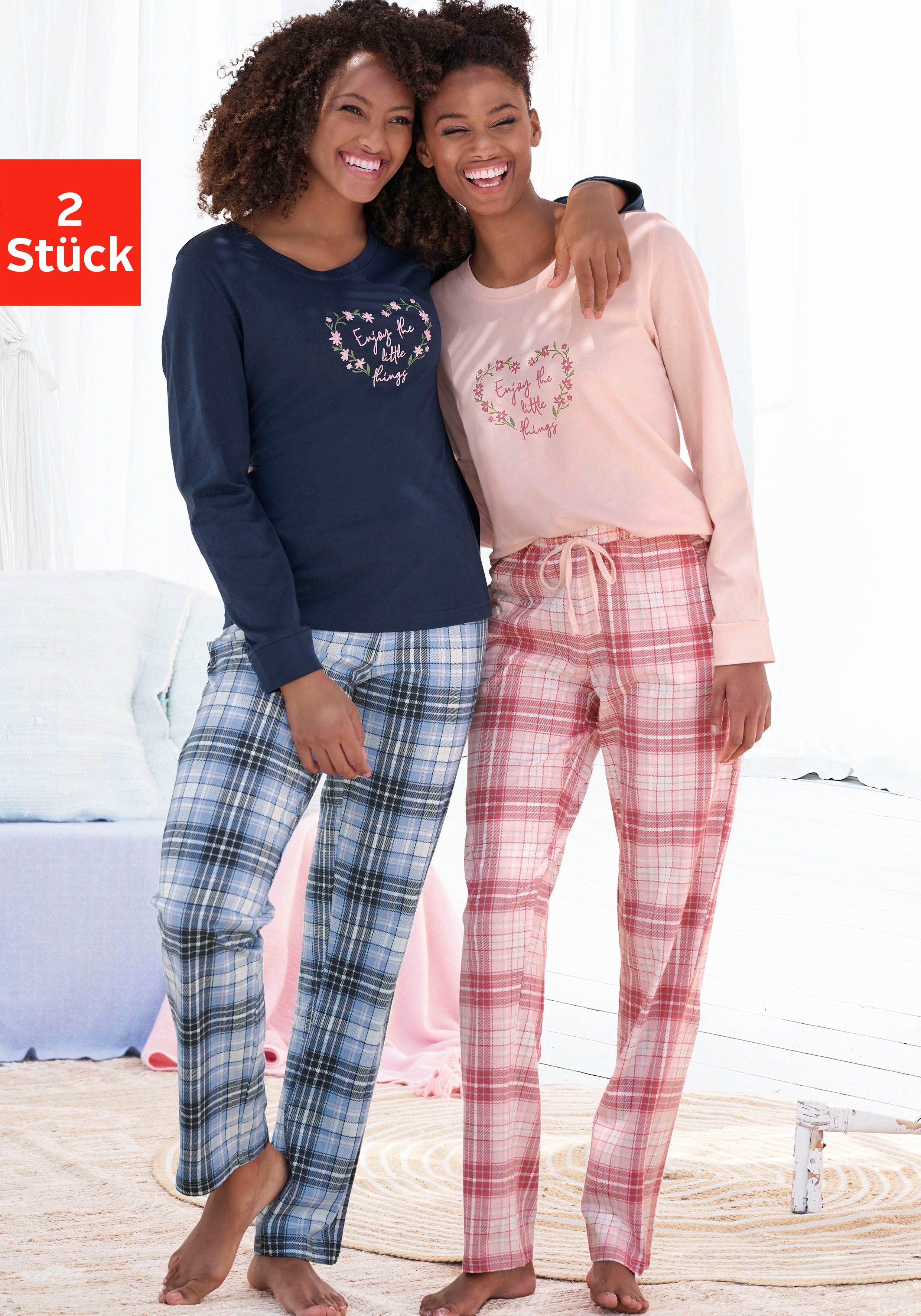 Vivance Dreams Pyjama (4 tlg., 2 Stück) mit Karo- und Blumendruck im Doppel günstig online kaufen