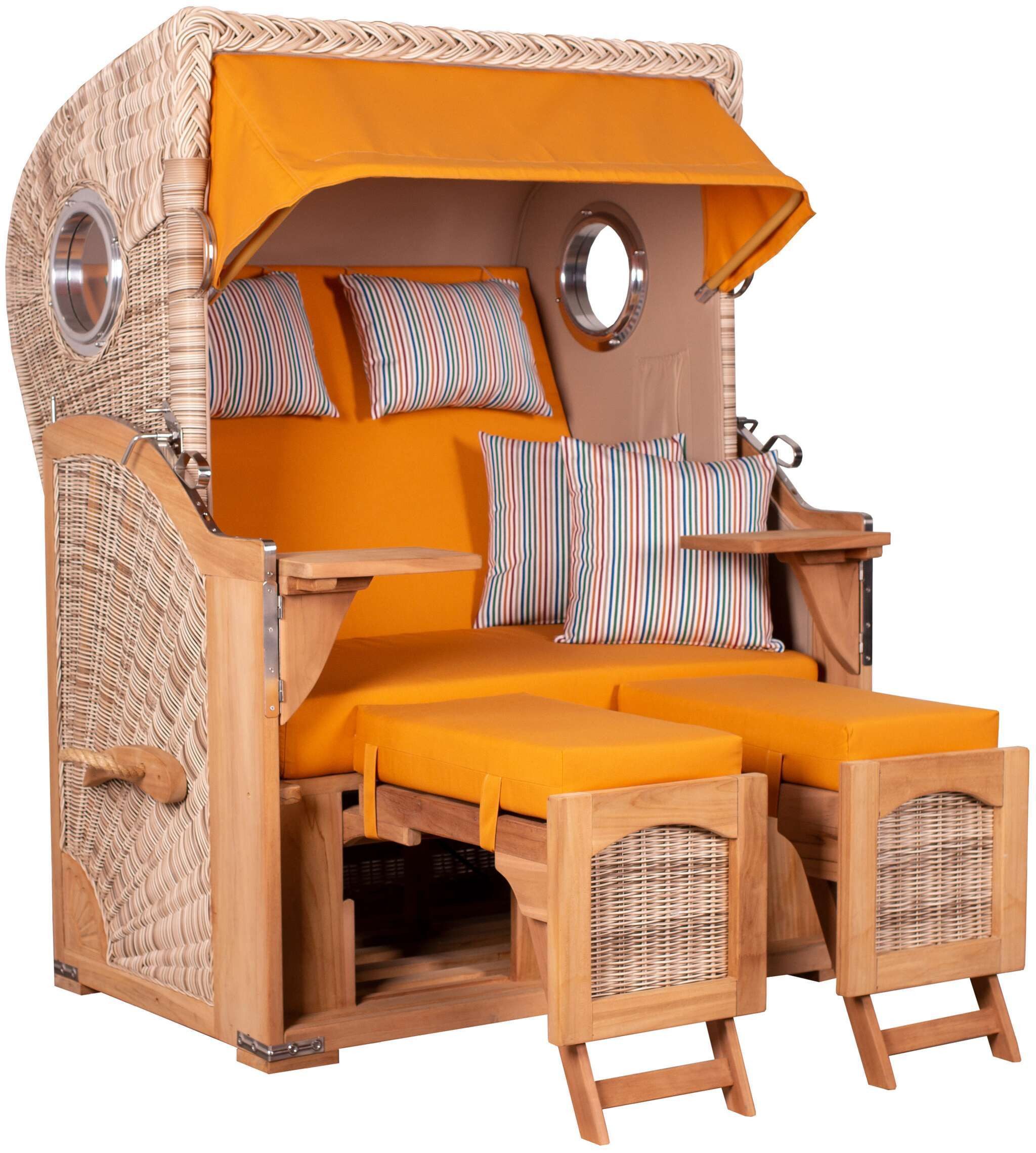 MR.DEKO Strandkorb 2-Sitzer Düne Teak PE Shell Bullauge 125x80x170cm, BxTxH: 125x80x170 cm, Volllieger, Düne, (Fertig montierter Strandkorb für Garten, Terrasse & Balkon), Wetterfester Volllieger mit Edelstahlbeschlägen & waschbaren Polstern