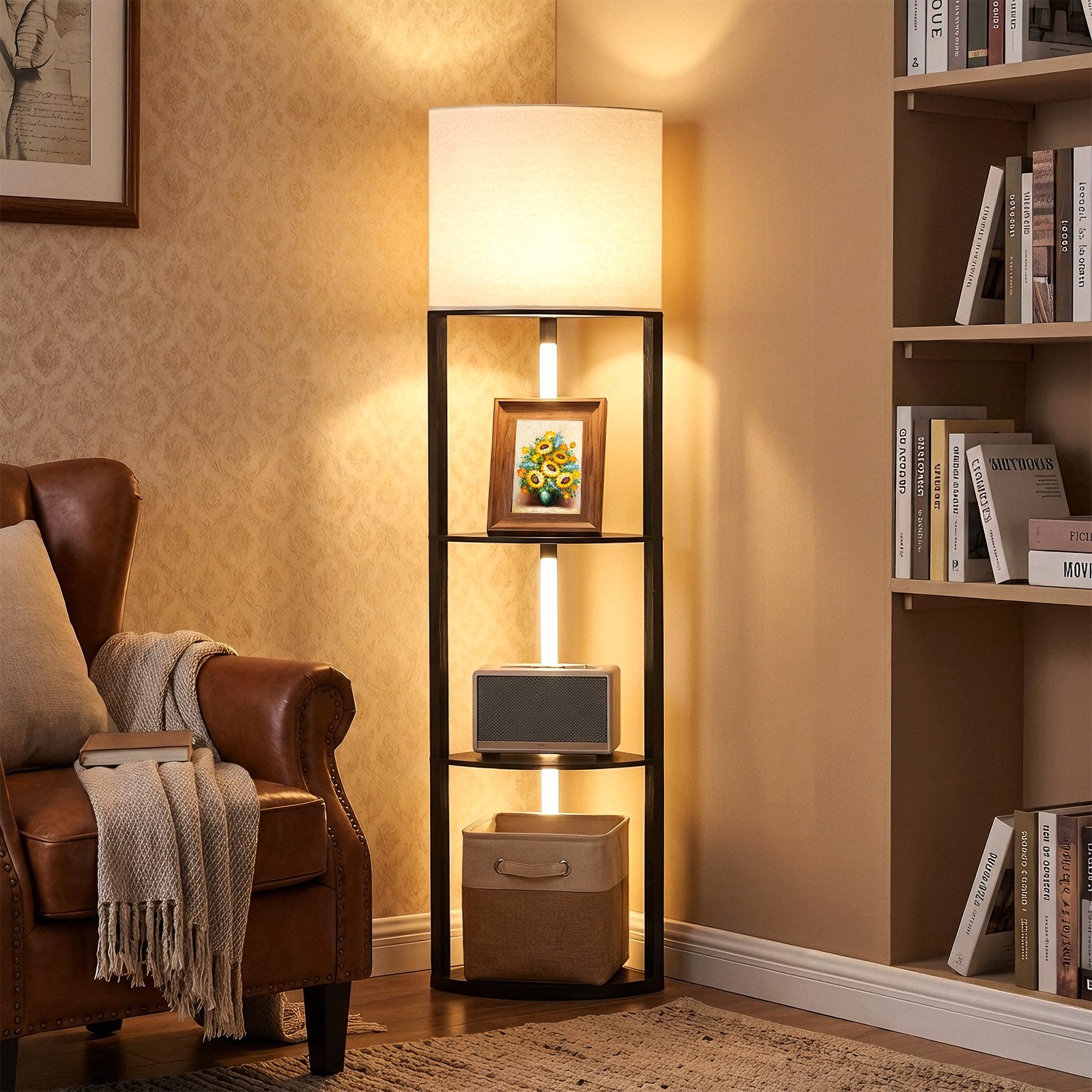 COSTWAY Stehlampe, 159cm mit Regalen, 3 Helligkeitseinstellungen, Fußschalter