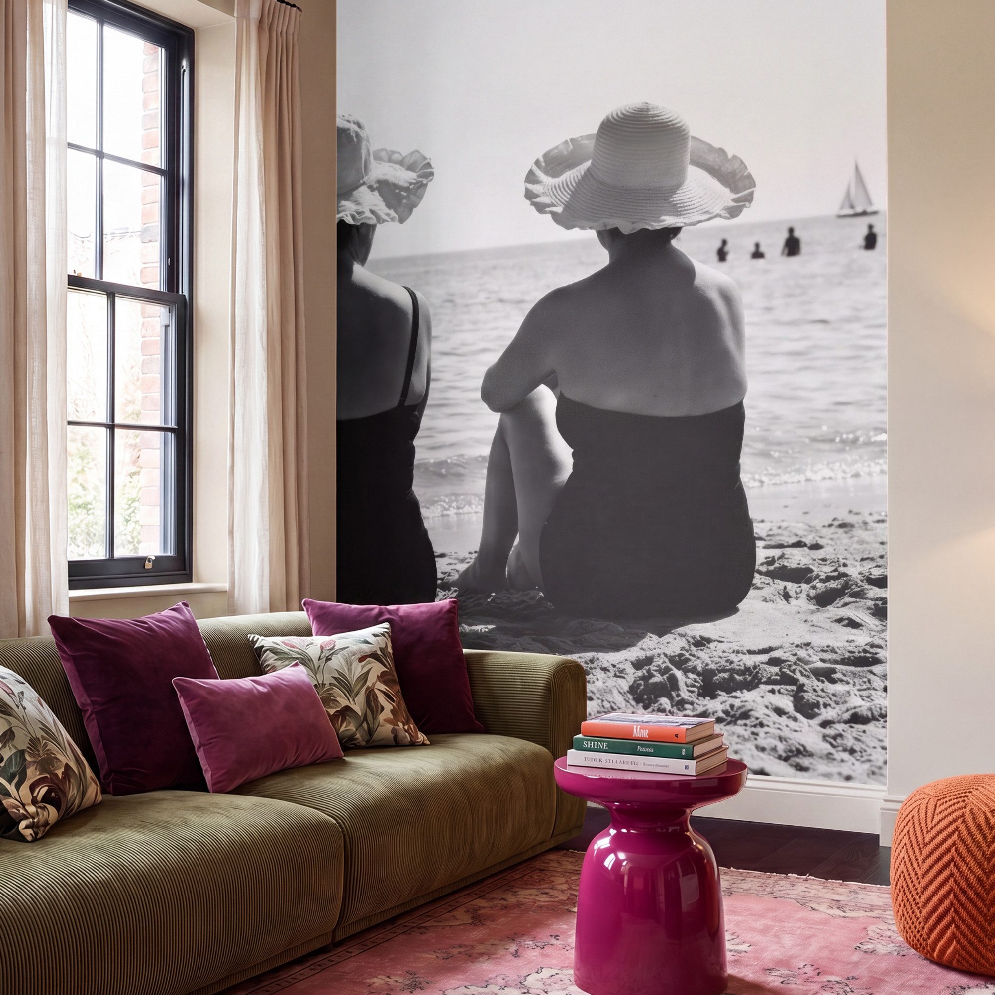 OnlyWow Fototapete Frauen – Sonnenhut – Strand – Schwarz – Weiß, Matt, bedruckt, Wandtapete, Wohnzimmer, Schlafzimmer, Wanddekoration 200x280cm