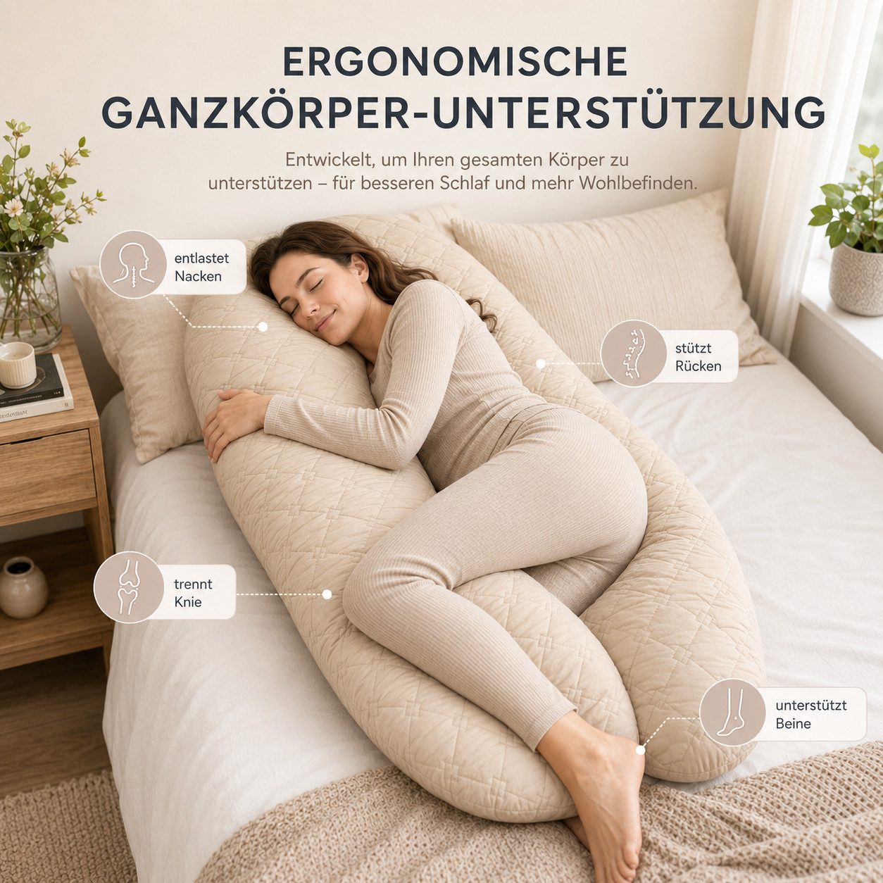 SEI Design Stillkissen Seitenschläferkissen Bodypillow Beige - Körperkissen, Schwangerschaftskissen mit Bezug, 1-tlg., gesteppt mit 2 Reißverschlüssen