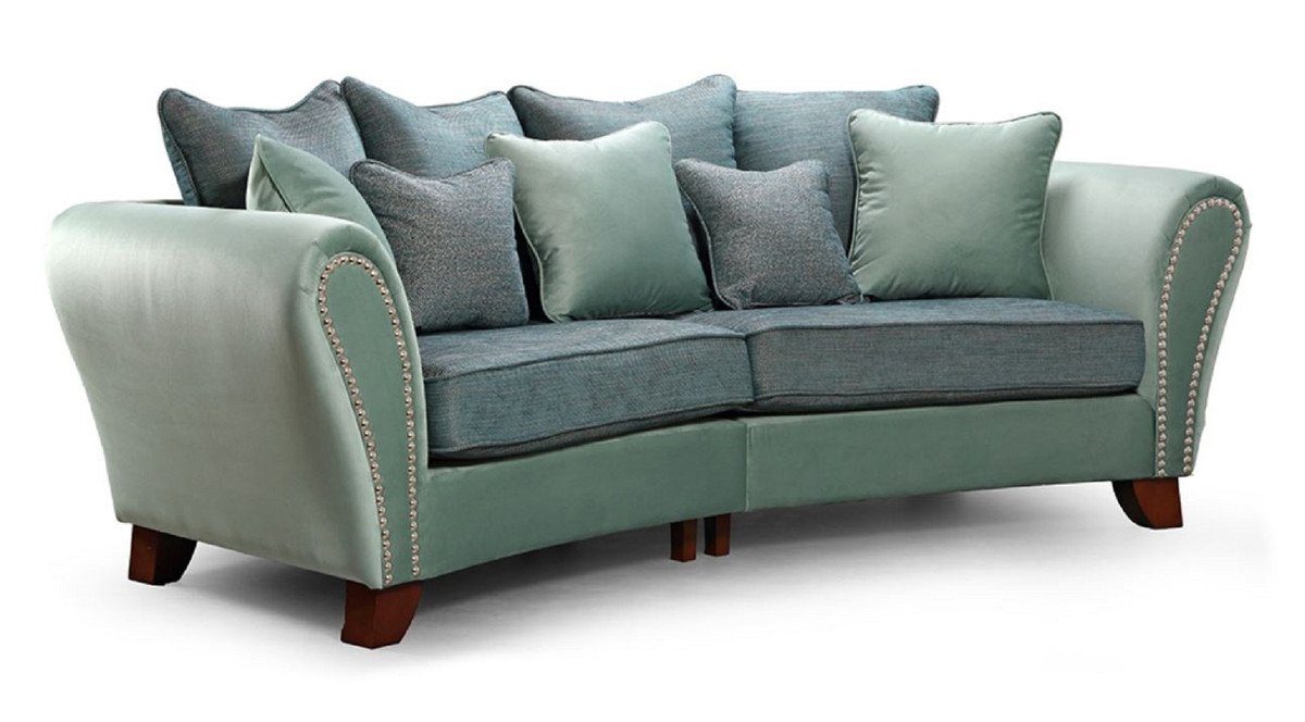 Casa Padrino 2-Sitzer Luxus 2er Sofa Grün / Blau / Dunkelbraun 250 x 120 x H. 100 cm - Gebogenes Wohnzimmer Sofa - Luxus Wohnzimmer Möbel