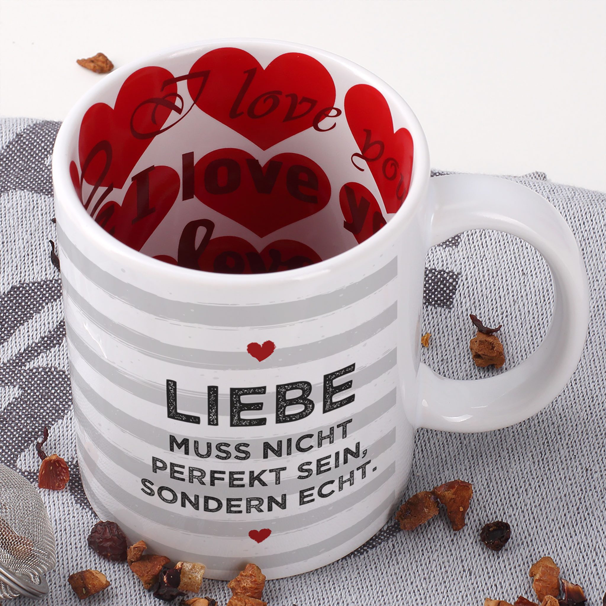 Herz & Heim Tasse mit Liebes-Motiven für Paare & Verliebte als Geschenk zum Valentinstag, innen & außen bedruckt