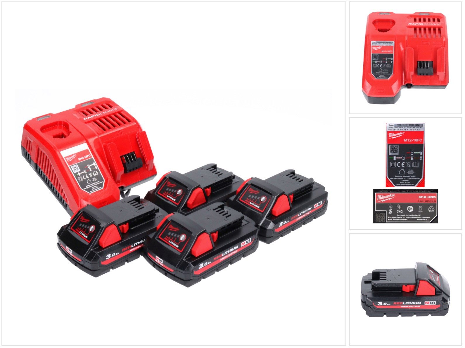 Milwaukee M18 NRG-304 Akku Starter Set High Output 4x 18 V 3,0 Ah / 3000 mAh Li Akkupacks