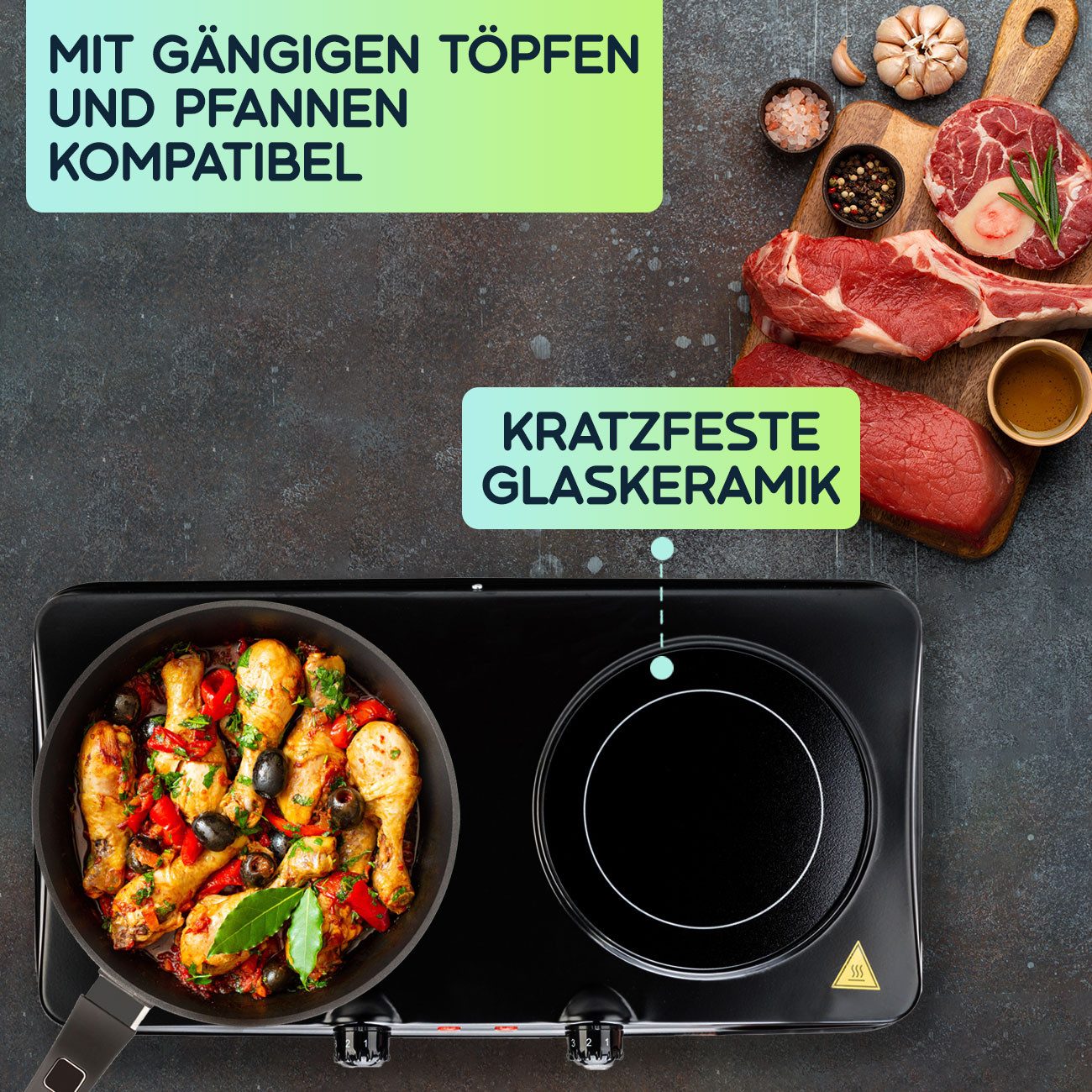 Casativo Doppelkochplatte aus Glaskeramik 2 Infrarot Elektro Kochfelder 2000W tragbar, Kochfeld 1 - Ø 16,4 cm & 800 Watt, Kochfeld 2 - Ø 18,8 cm & 1200 Watt