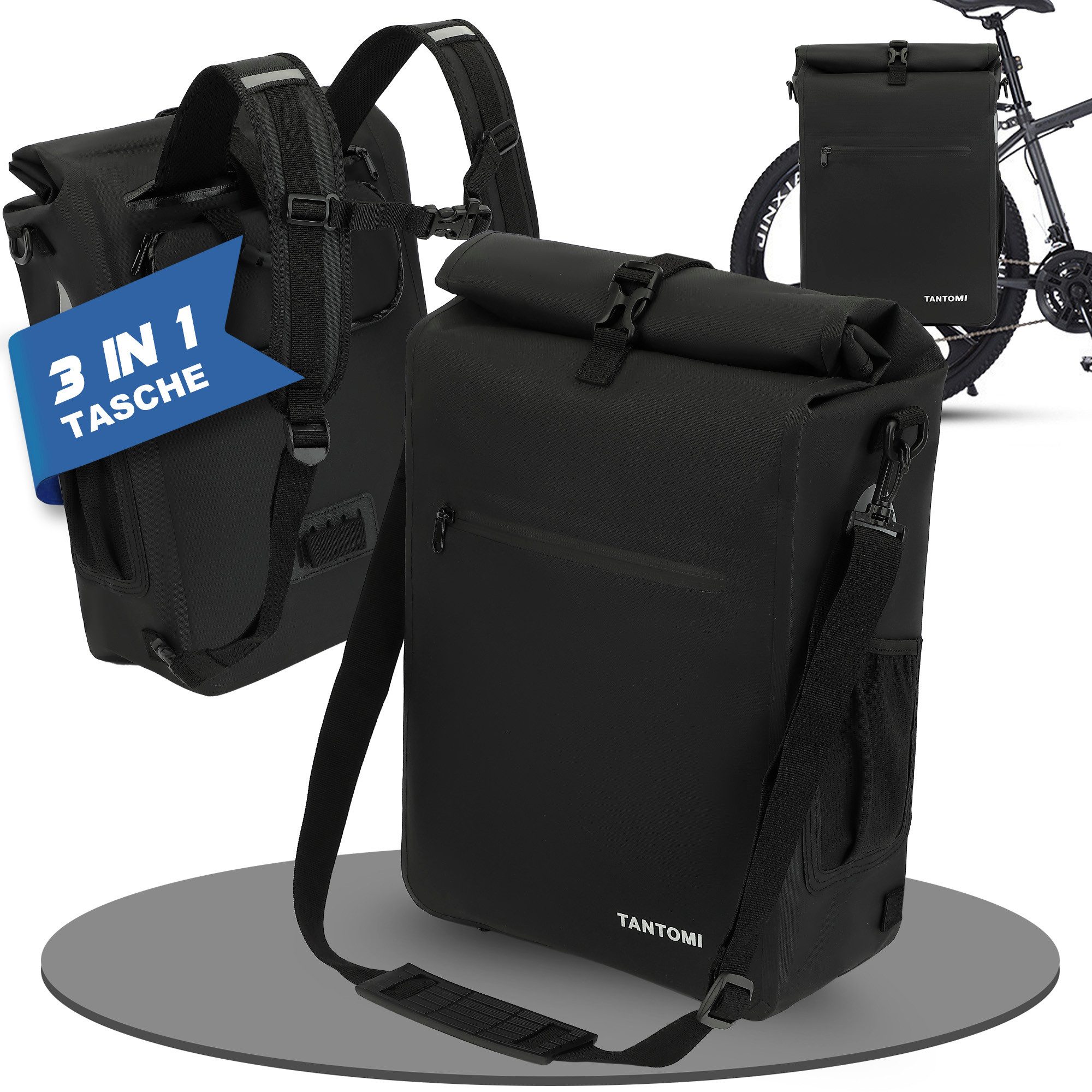 TAN.TOMI Fahrradtasche Wasserdicht 3in1 Fahrradrucksack für Gepäckträger Reflektierend, Mit Reflektorstreifen Sichere Befestigung Laptopfach