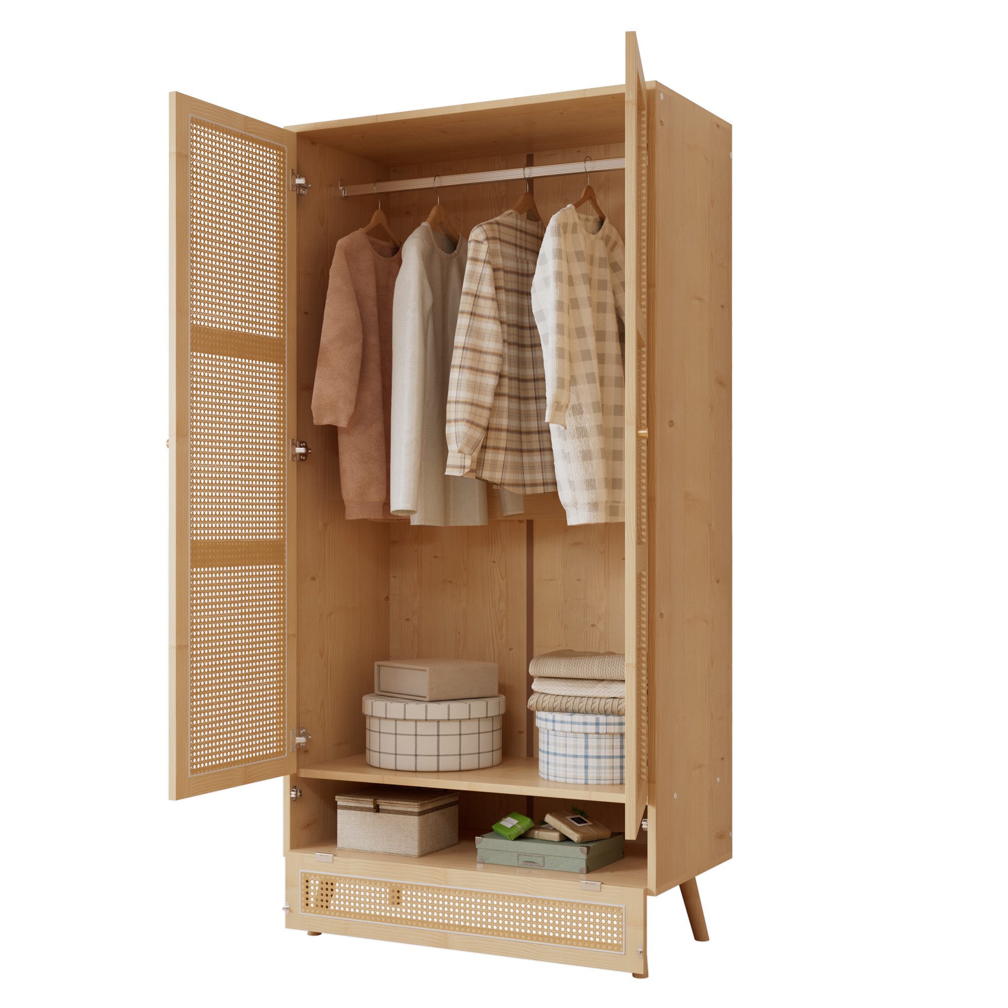 Yorbay Kleiderschrank mit Kleiderstange, Rattannetz-Dekor, 90x45x183 cm mit unterem Klappdeckel,für Schlafzimmer & Wohnzimmer