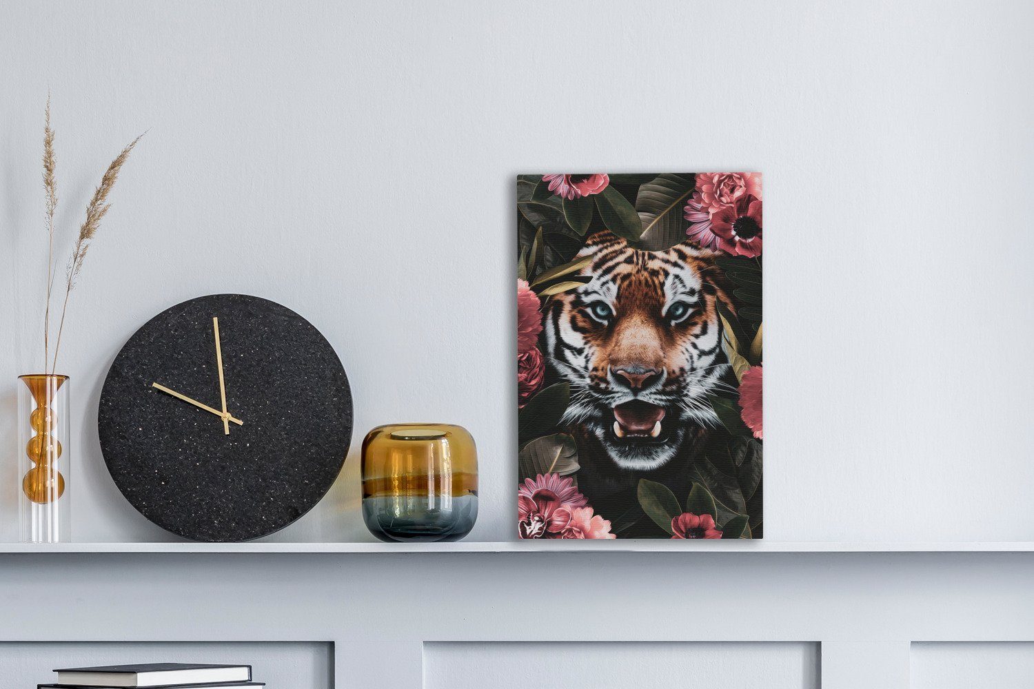 OneMillionCanvasses® Leinwandbild Rosa Tiger 20x30 St), fertig bespannt inkl. Pflanzen, Zackenaufhänger, (1 - Leinwandbild - Gemälde, cm
