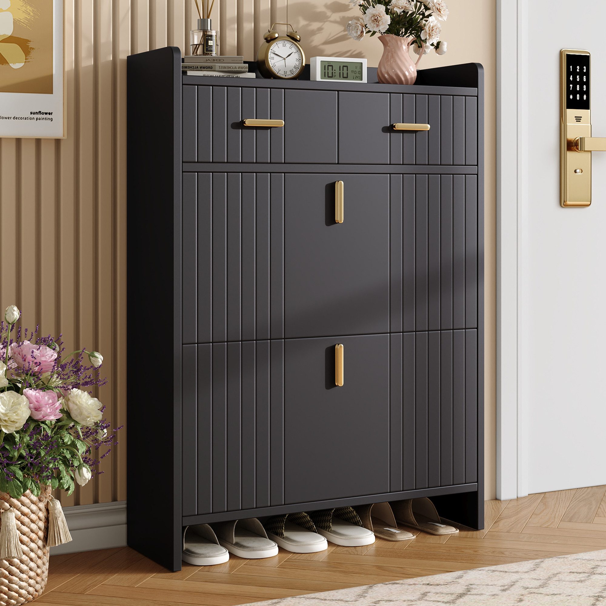 i@home Schuhkipper Schuhschrank, moderner schmaler Schuhkipper, Schuhaufbewahrungsschrank mit 2 Ebenen, Schwarz, 75 × 24 × 108,5 cm