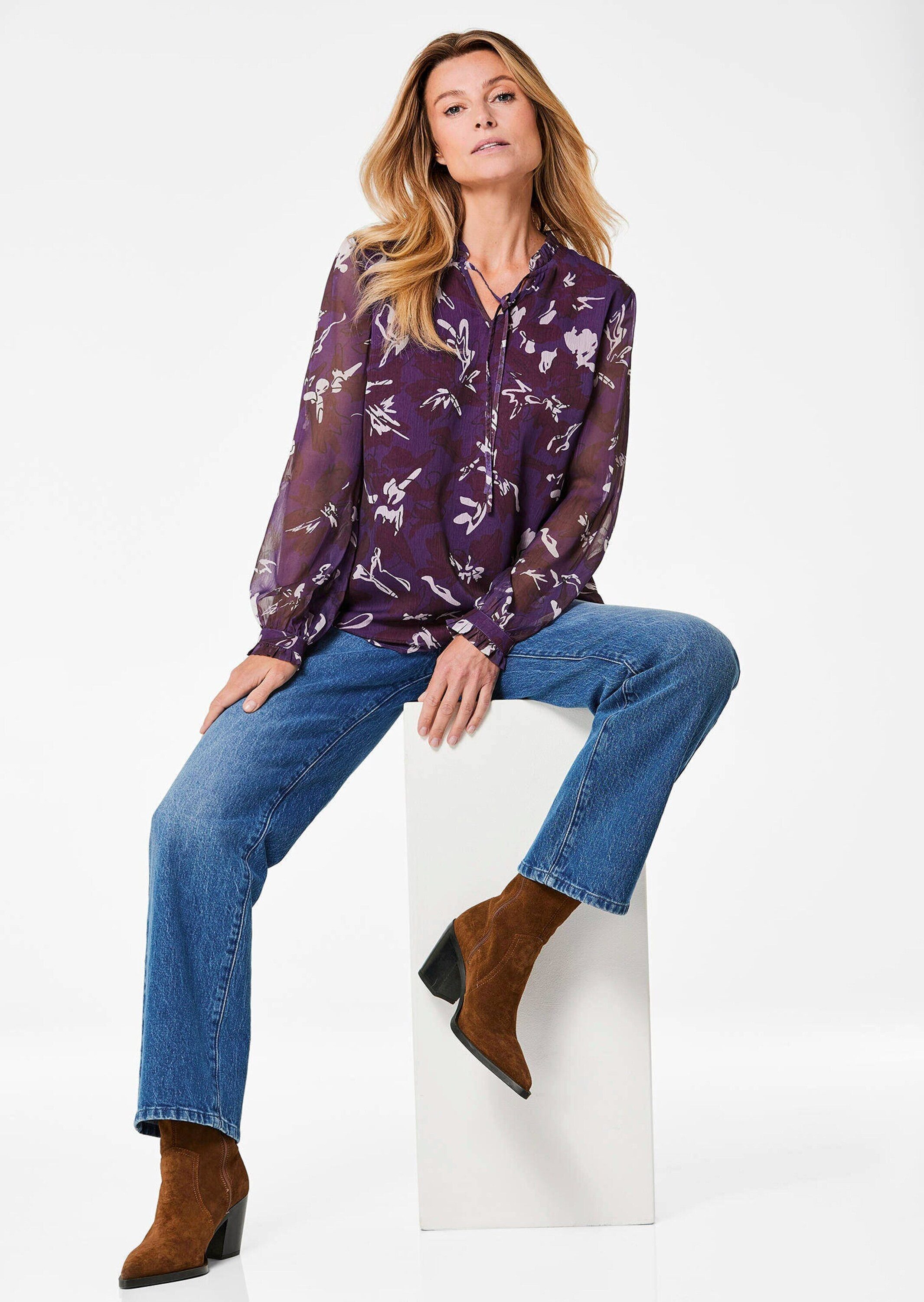 GOLDNER Chiffonbluse Kurzgröße: Chiffonbluse mit Rüschen und Bindeband Gemustertes Design mit femininem Ausschnitt und Bindeband