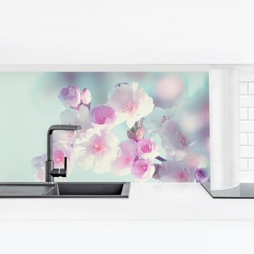 Bilderdepot24 Küchenrückwand rosa dekor Blumen Farbenfrohe Kirschblüten Wandverkleidung Küche, (1-tlg., Nischenrückwand - für Fliesenspiegel ohne Bohren - matt), Spritzschutz Rückwand Küche Herd - Folie selbstklebend versch. Größen
