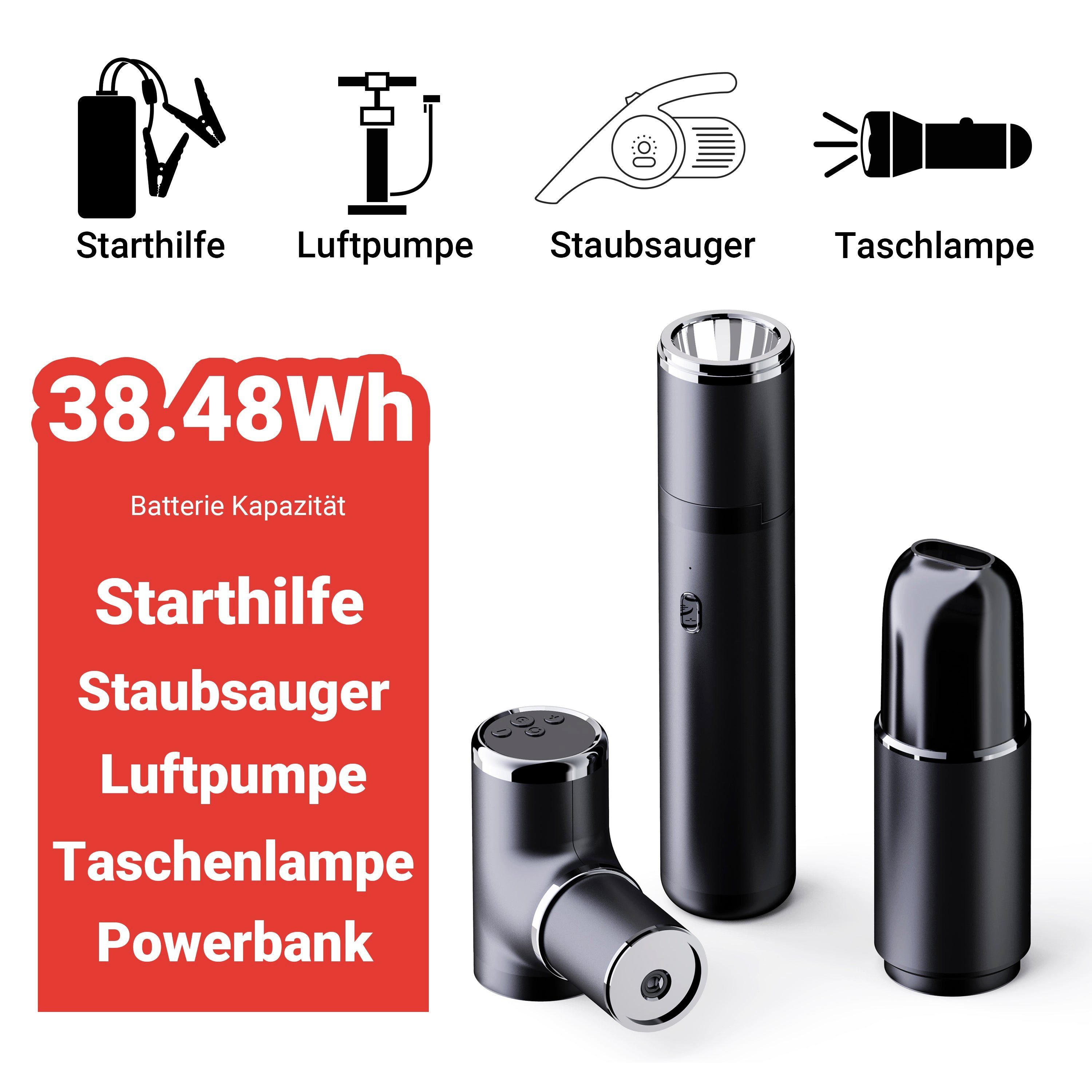 TIMIGO K2 Auto Starthilfe mit Luftkompressor, 12V-500A Spitzenstrom (38,4Wh) Starthilfegerät TIMIGO K2 2600 mAh (5 V (USB), 12 V (Starthilfe) V, 1 St), Multifunktionales 4‑in‑1 Gerät für Fahrzeug und Outdoor
