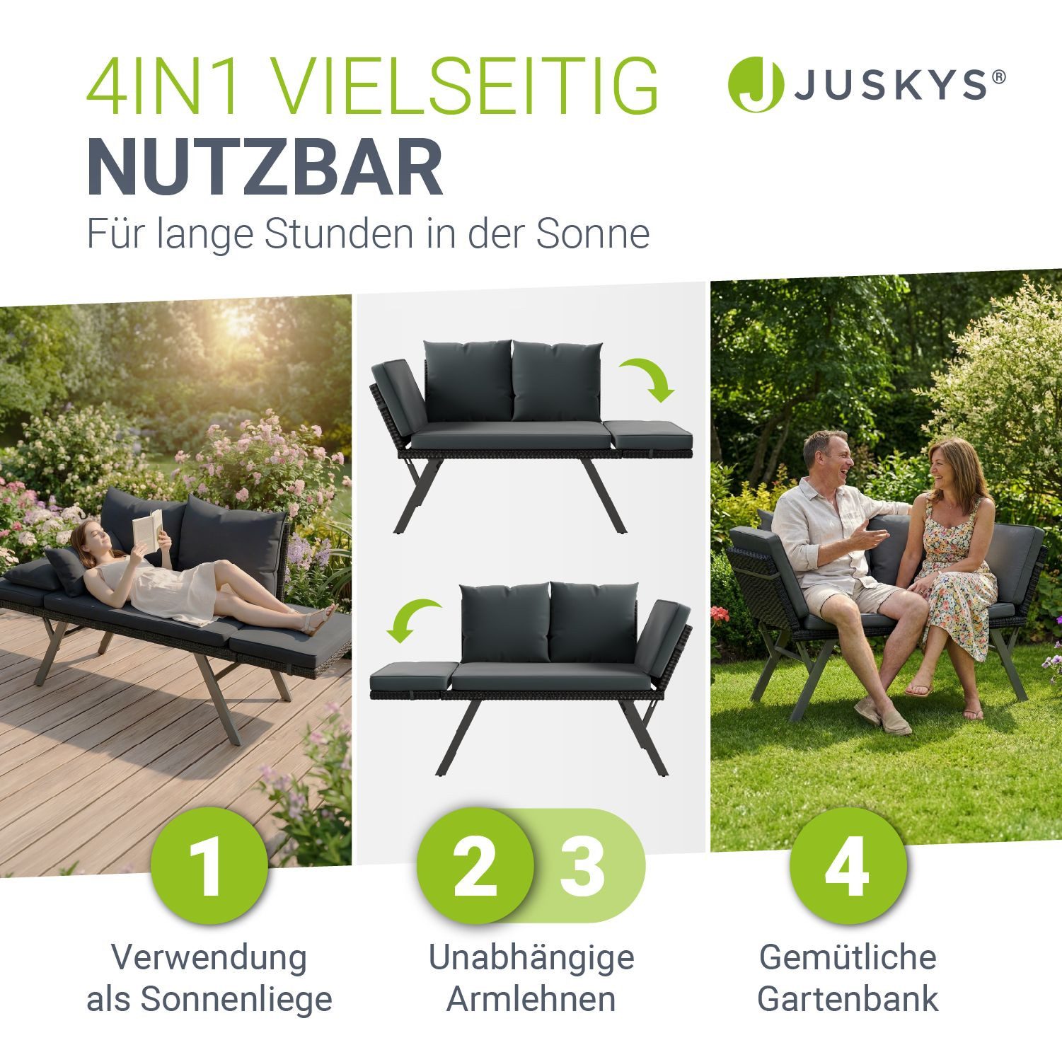 Juskys Multifunktionsliege Calvia, Multifunktional mit klappbaren Teilen inkl. Polster, Belastbar 240 kg