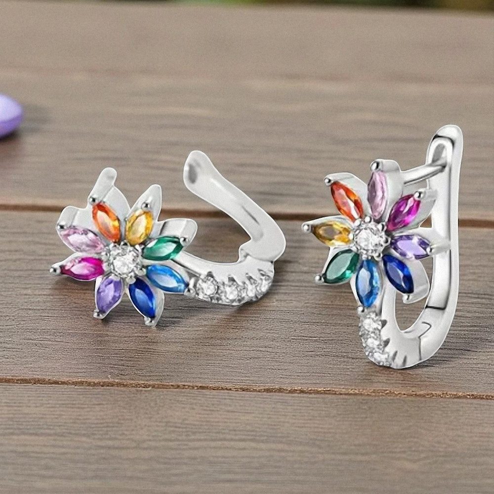 Taffstyle Paar Creolen 925 Sterling Silber Ohrringe Damen Creolen Blume Zikonia Kristall bunt (Hübsche Creolen aus 925 Silber - Geschenkidee für Weihnachten, Ge – Bild 2 von 5