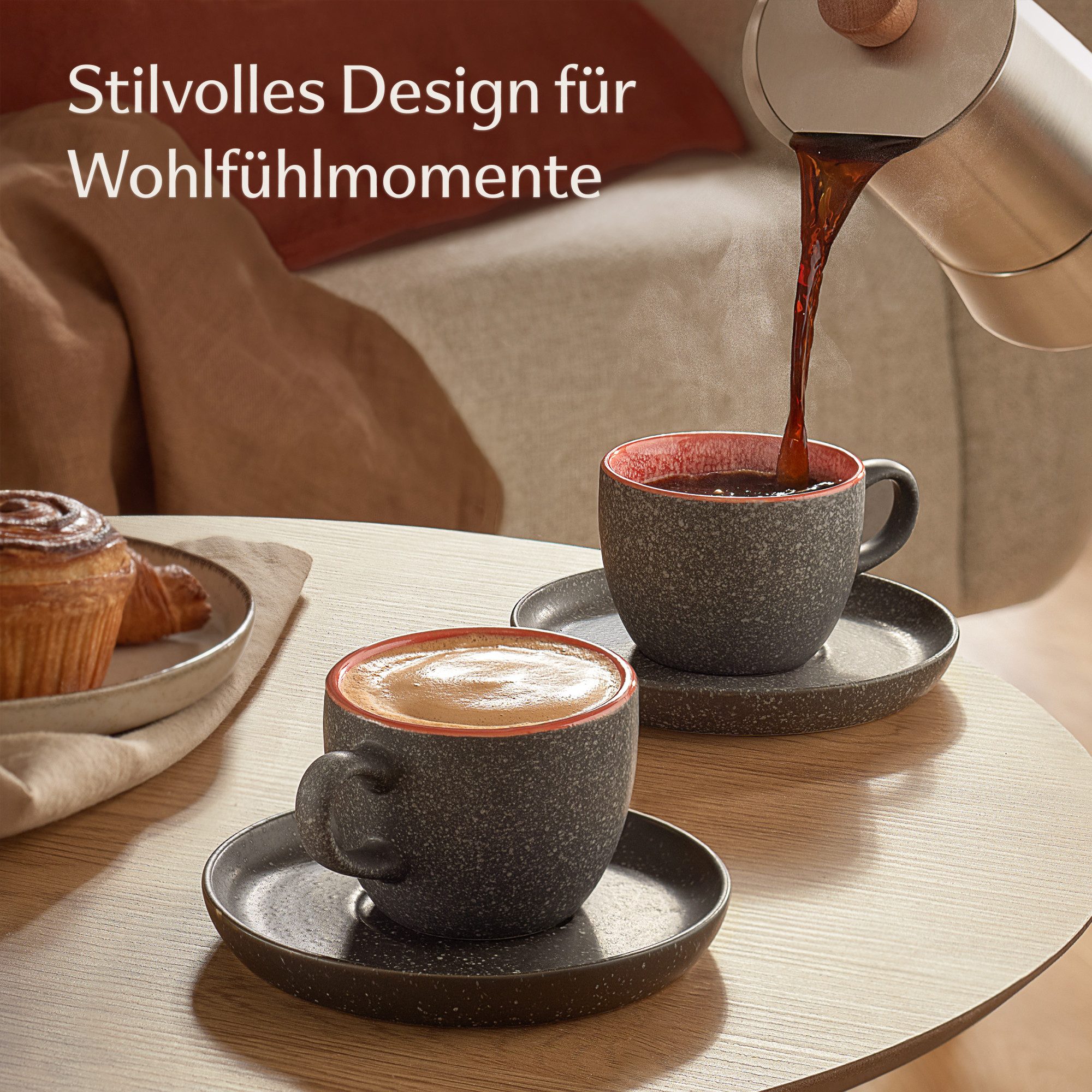 Cosumy Cappuccinotasse Cappuccino Tassen mit Untertassen 4er Set rot, 8-tlg., Keramik, Warm