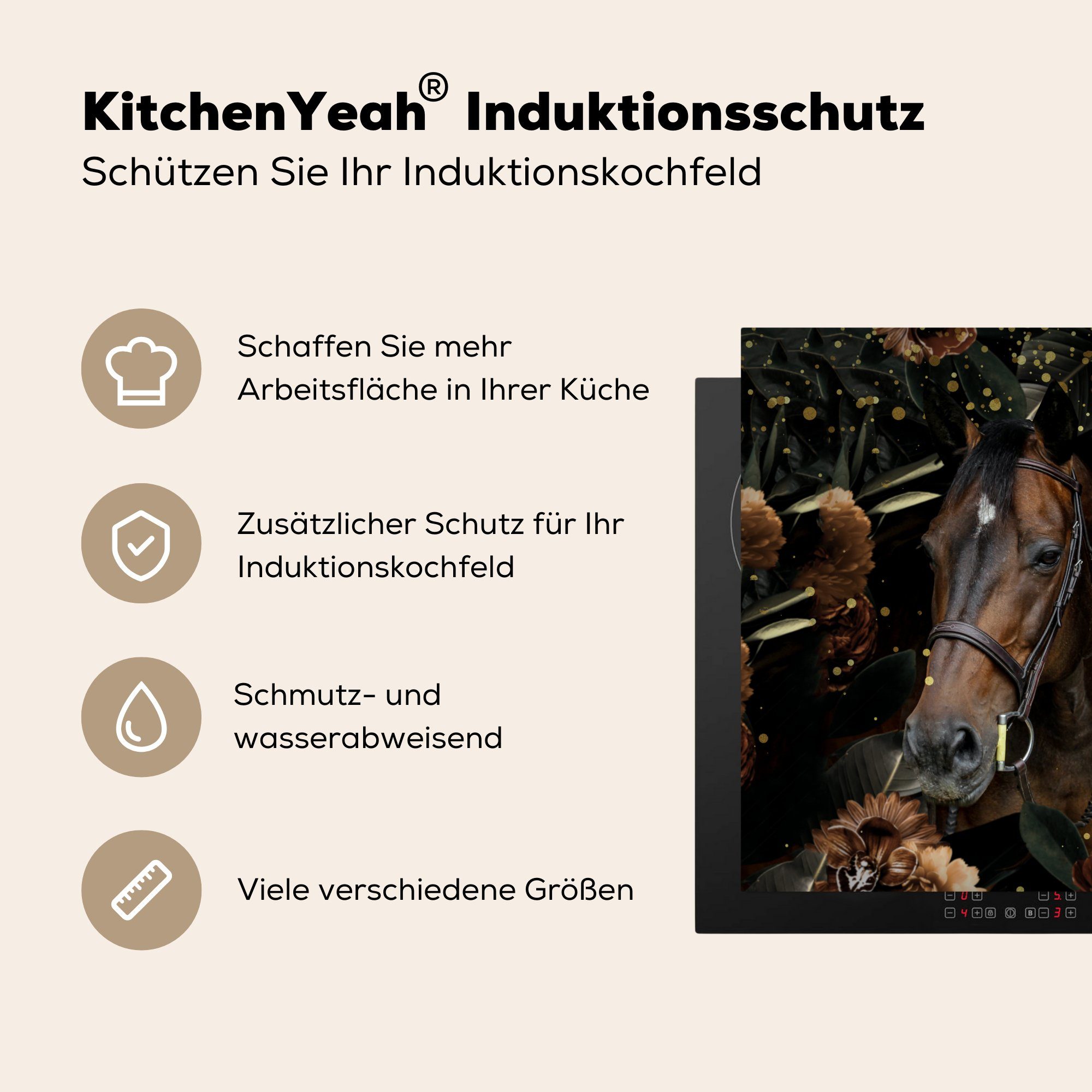 MuchoWow Herdblende-/Abdeckplatte tlg), 78x78 Pferd küche Arbeitsplatte für Halfter, Blumen Ceranfeldabdeckung, - cm, Vinyl, (1 