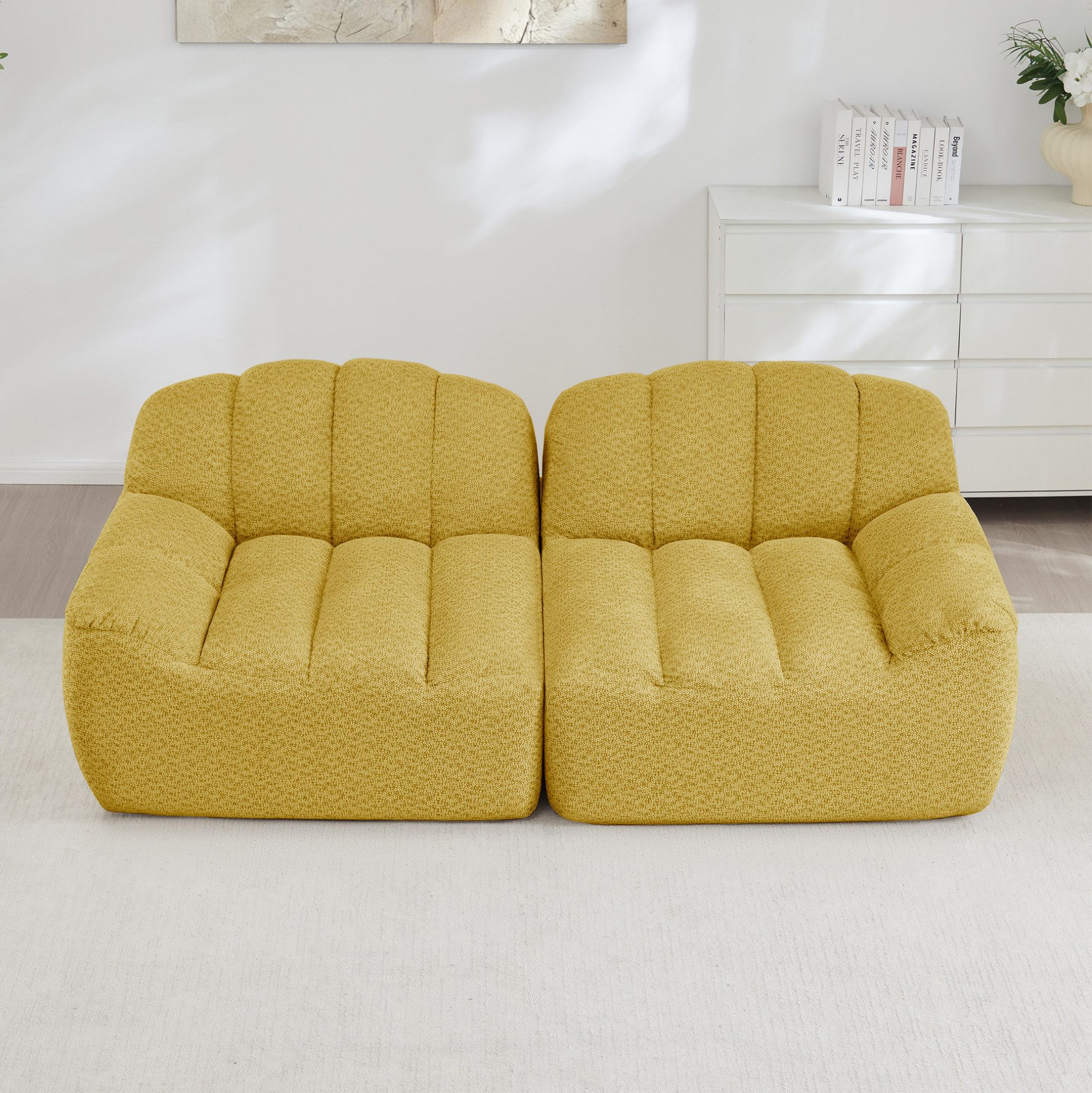 MODFU Loungesofa 2- bis 4-Sitzer modular, muschelförmiges boneless Design aus 32D Hochdichtschaum, tiefe Sitzkissen, flexibel kombinierbar für L-, U- und 2-Sitzer Aufstellung, ohne Montage sofort nutzbar 1 Teile