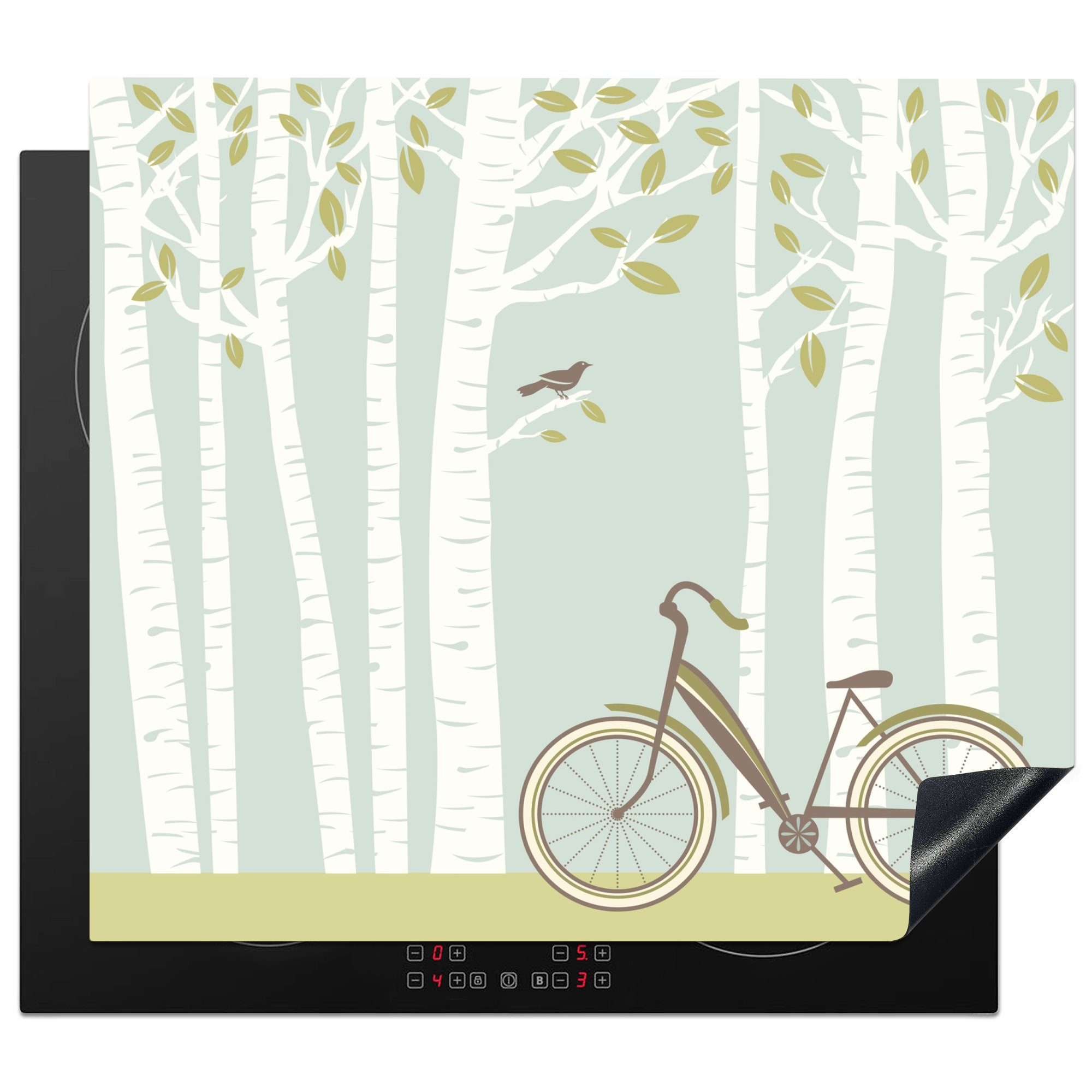 MuchoWow Herdblende-/Abdeckplatte Eine Illustration eines Fahrrads am Rande eines Waldes mit Birken, Vinyl, (1 tlg), 60x52 cm, Mobile Arbeitsfläche nutzbar, Ceranfeldabdeckung