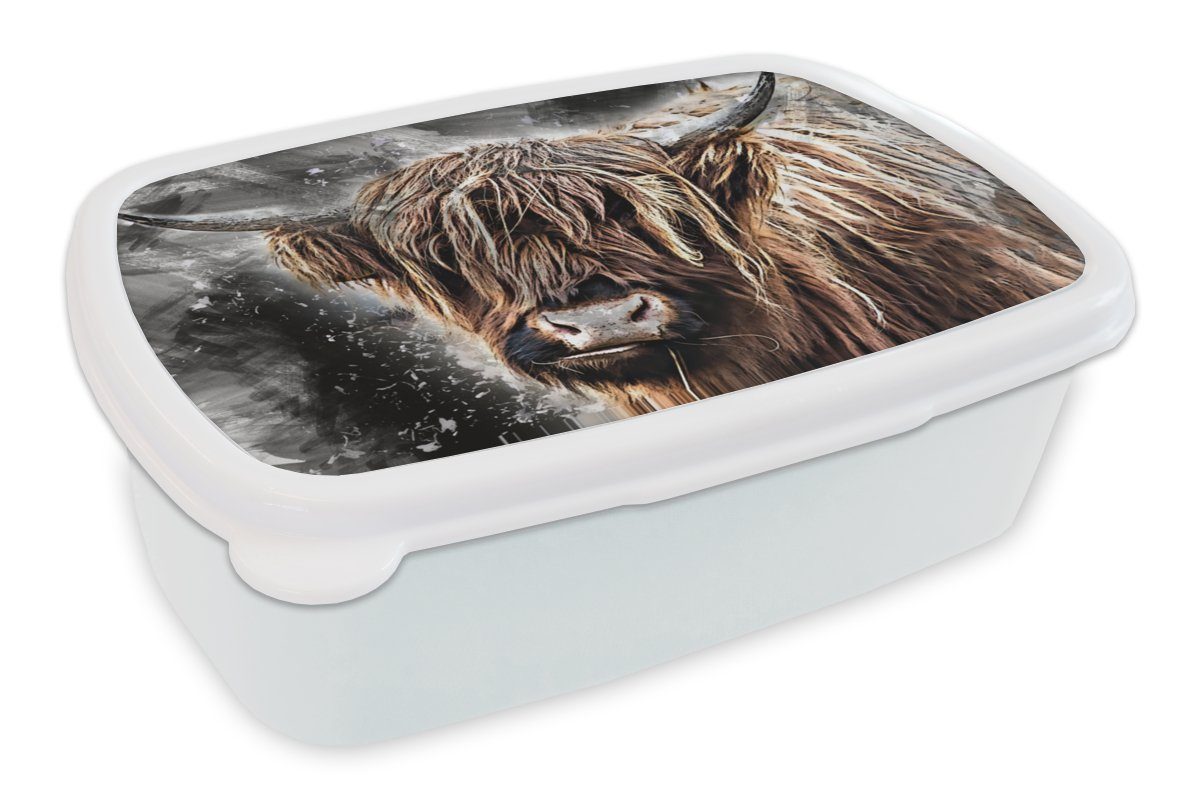 MuchoWow Lunchbox Schottischer Highlander - Farbe - Kuh, Kunststoff, (2-tlg), Brotbox für Kinder und Erwachsene, Brotdose, für Jungs und Mädchen weiß