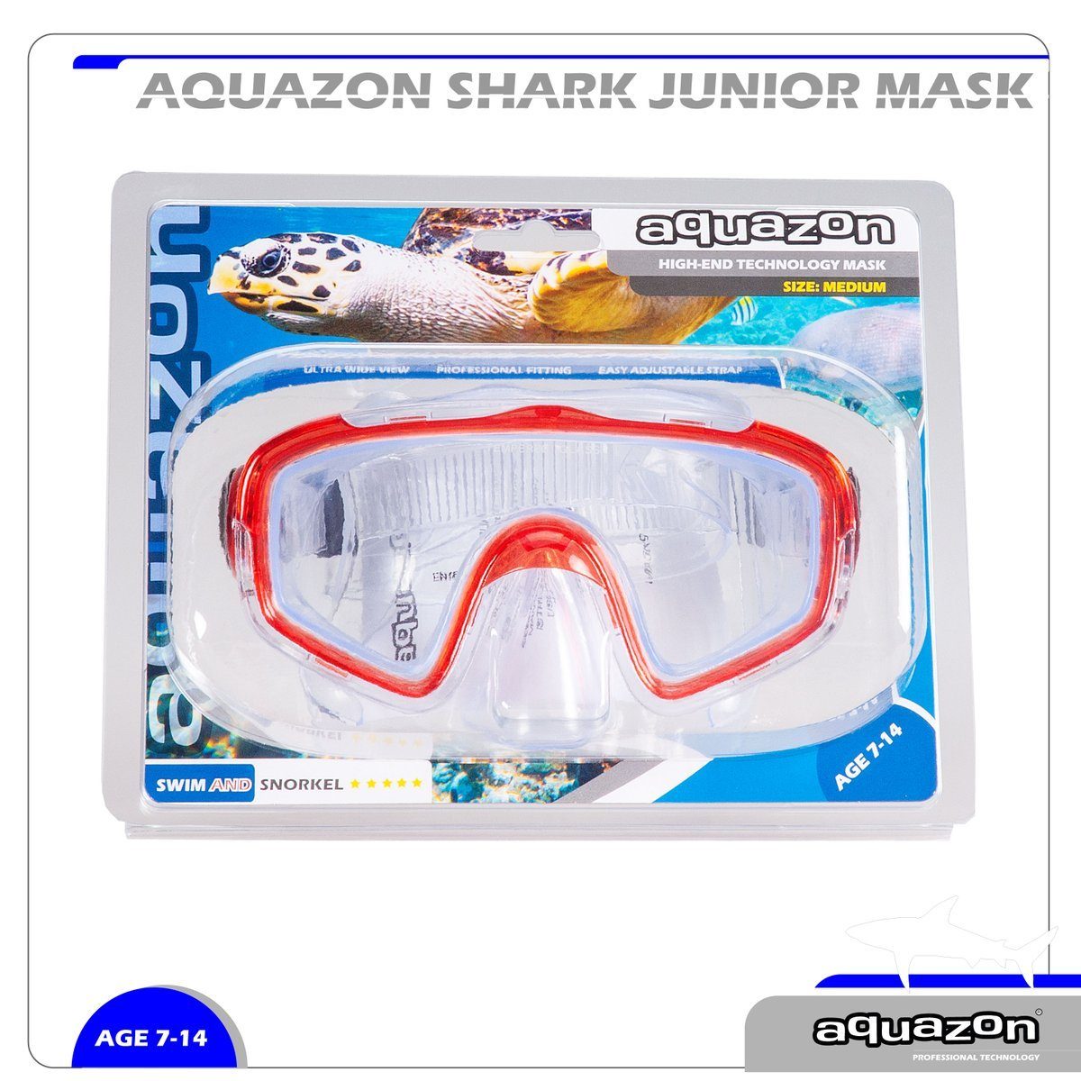Taucherbrille 7-12 AQUAZON Schnorchelbrille SHARK, transparent Kinder für Jahre rot