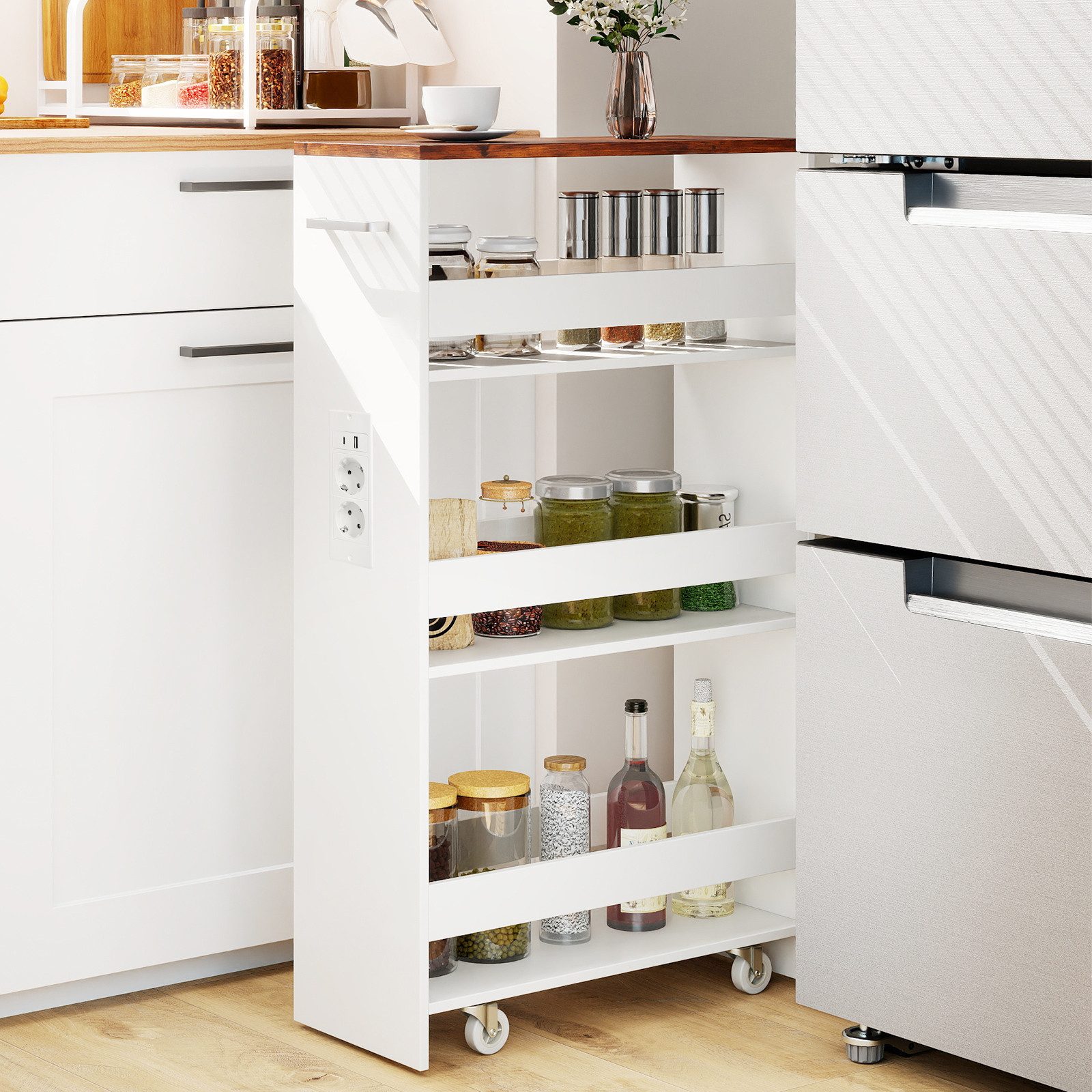 COSTWAY Küchenwagen, Nischenwagen 20cm breit schmal mit Ladestation Holz günstig online kaufen