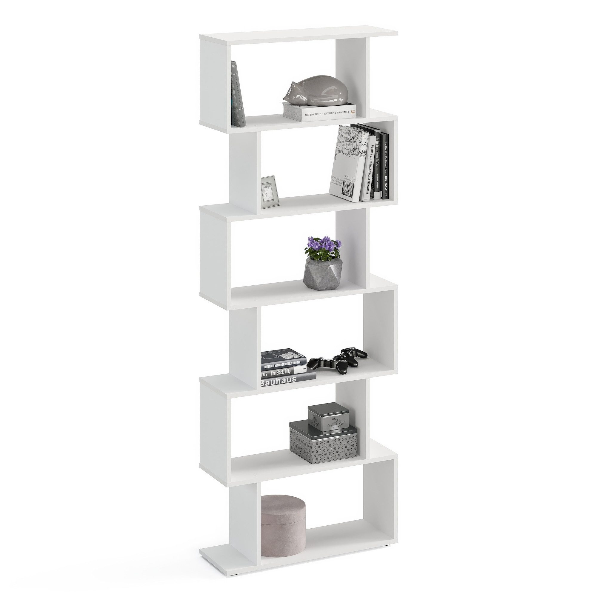 KOMTO Bücherregal Shelf 190 New Raumteiler Regal Standregal Holz und Hoch mit 6 Ebenen, S-Förmiges Modern Hochregal Aktenregal Büroregal 191x70x24 cm
