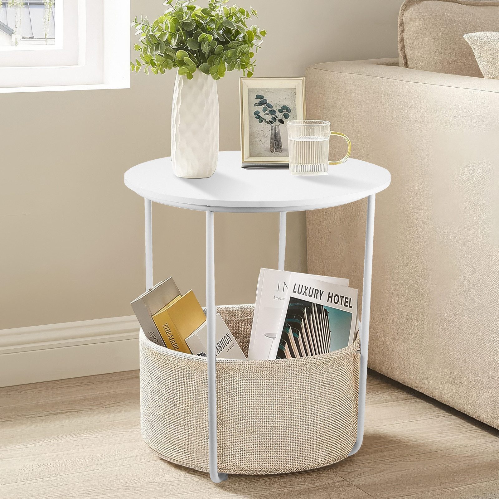 BlingBin Beistelltisch Rund, Kleiner Tisch, Couchtisch klein Wohnzimmertisch, Korb aus Stoff (1 Stück, 1-St., 45*45*50cm), Kleiner Nachttisch für Wohnzimmer und Schlafzimmer,Weiß