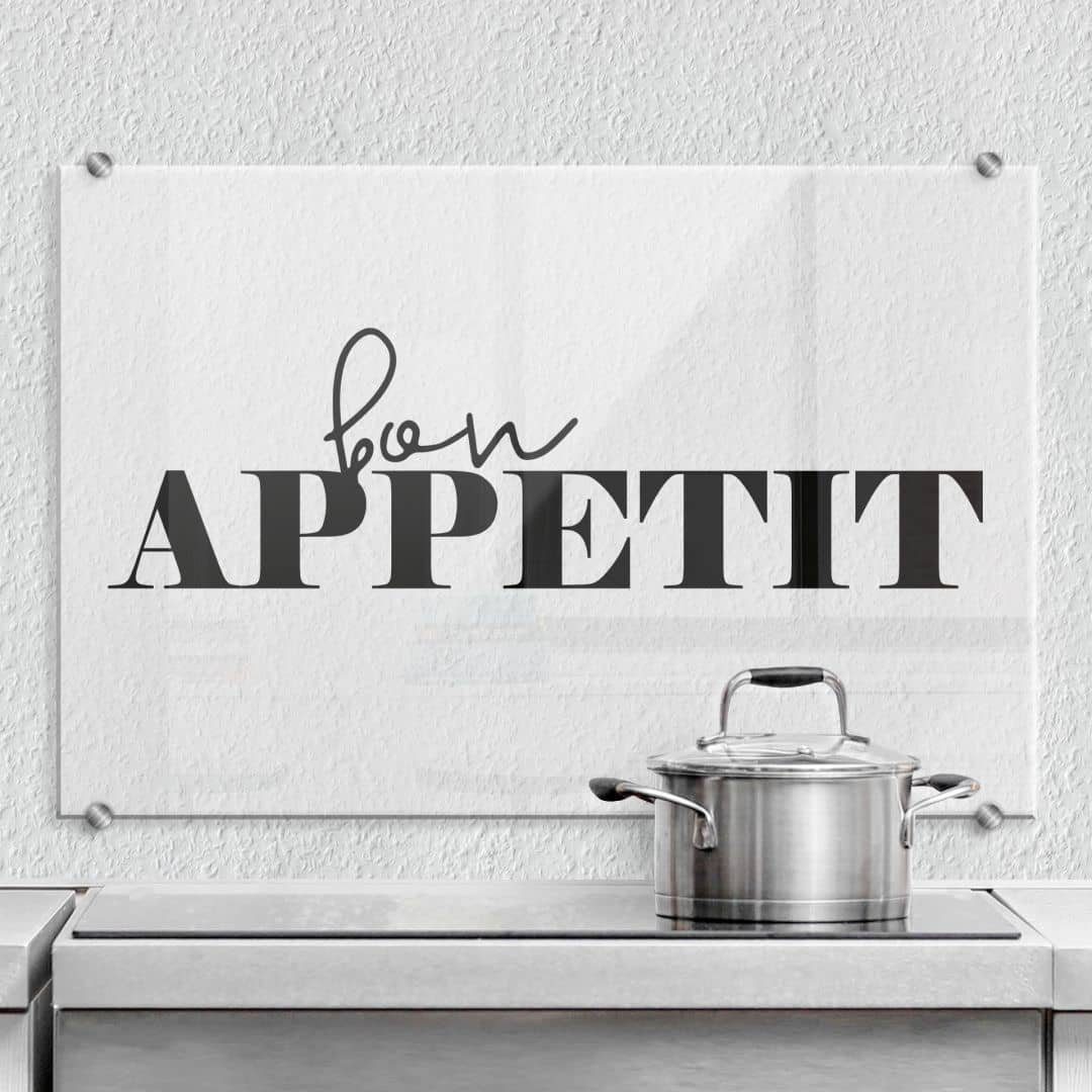 K&L Wall Art Gemälde Spritzschutz Herd Küchenrückwand Klarglas Schriftzug Bon Appetit, Glas Wandschutz inkl Montagematerial