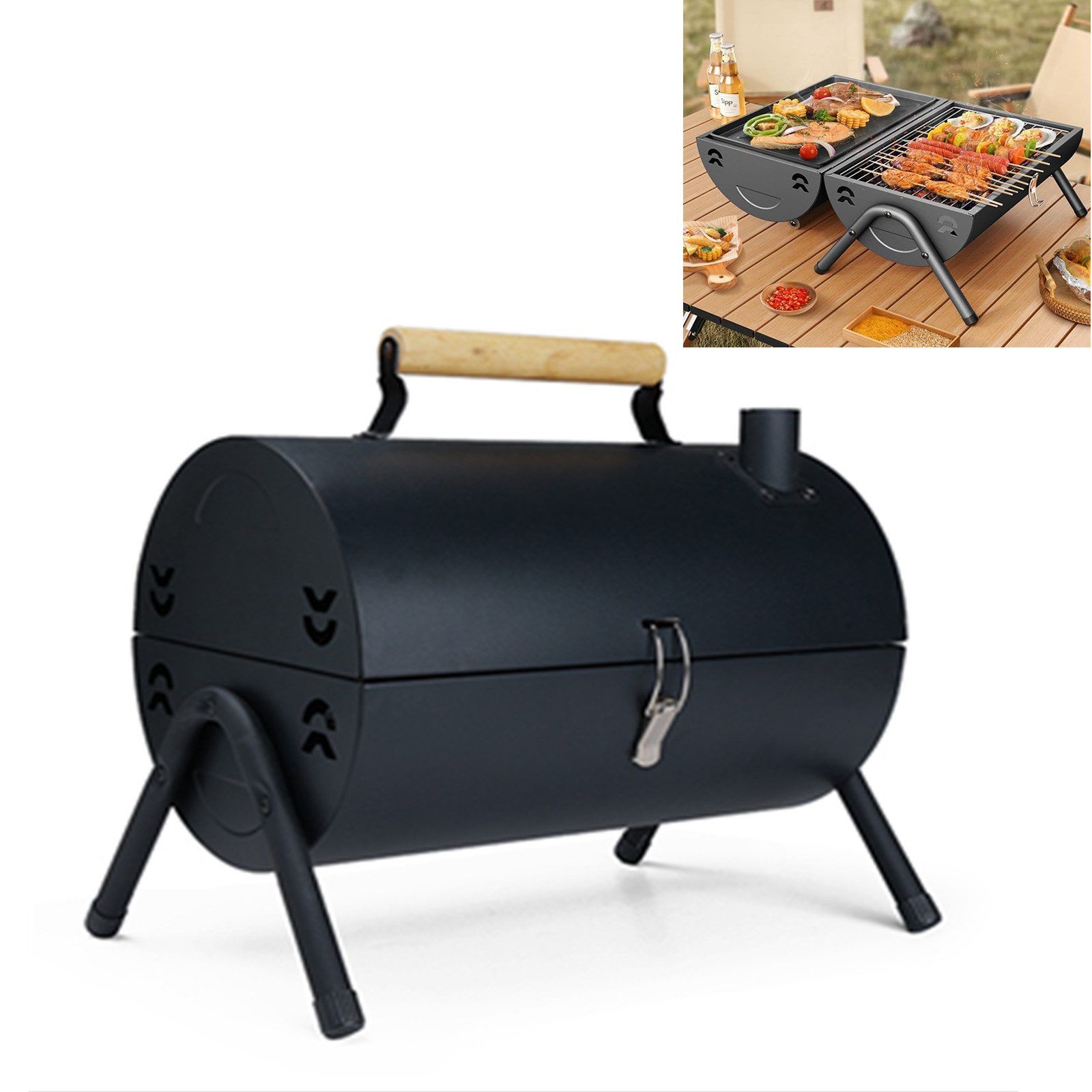 Insma Holzkohlegrill Tragbarer Campinggrill Tischgrill doppelseitiger Grill, Klappgrill Edelstahl mit Deckel, Holzgriff und 2x Griinetz, Schornsteinräucherofen 46x 30x91cm