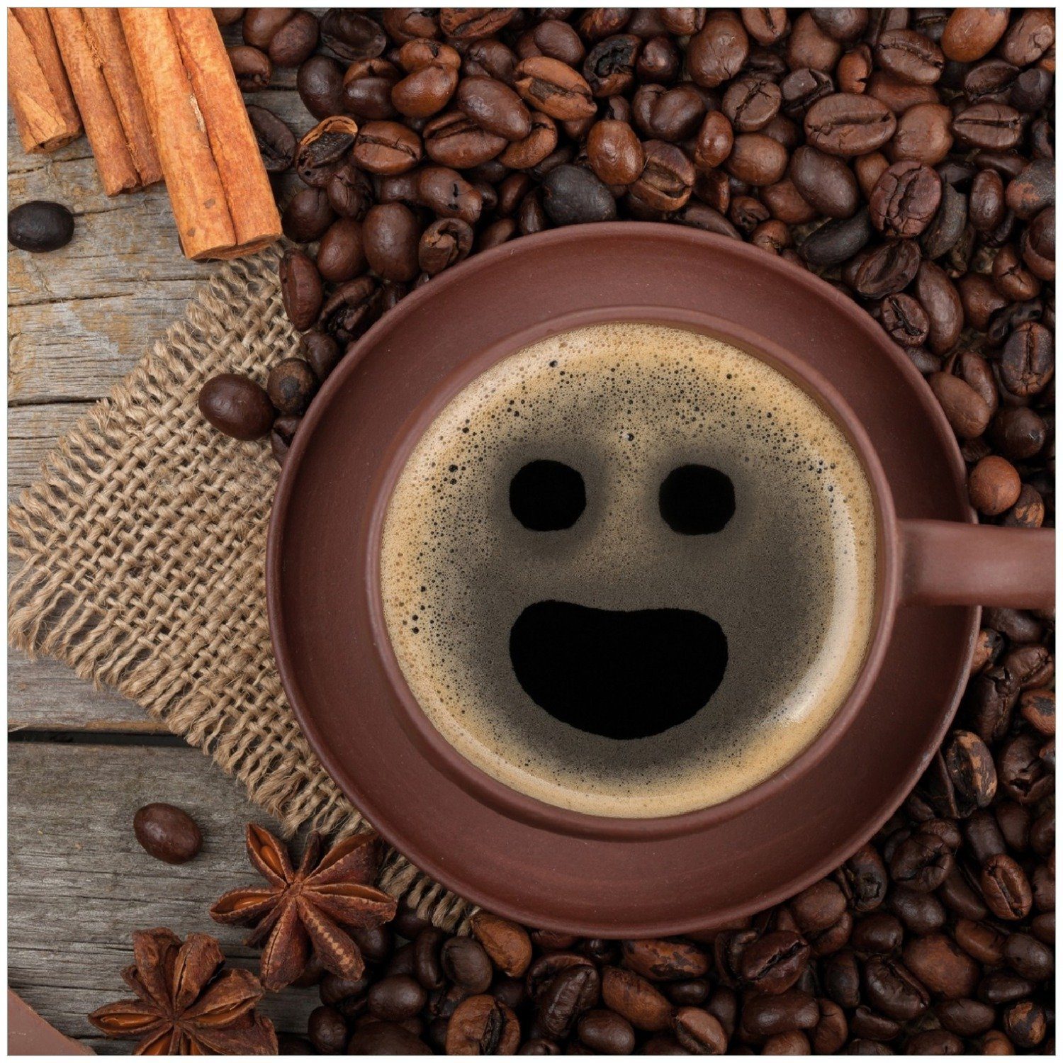 einem Kaffeebohnen Lächeln Lustige Zimt Memoboard mit Wallario Kaffeetasse - und